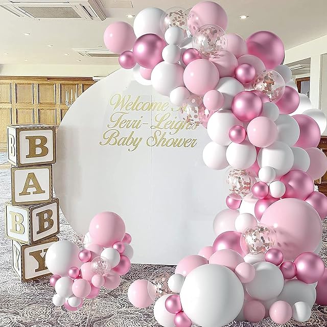 GOOKEER Pastel Pink Balloons Arch Garland Kit 107 PCS Pink White Rose Gold Confetti Latex Balloons for Baby Girl Shower Birthday Wedding Anniversary Bachelorette Party Background Decorations