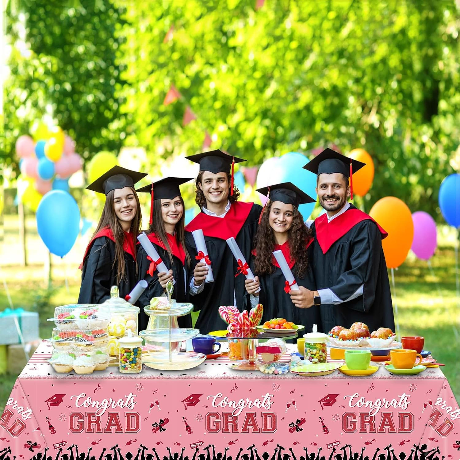 chiazllta Set of 3 Graduation Tablecloths Class of 2026 Congrats Grad Pink Graduation Party Tablecover Decorations Party Supplies Large Size Plastic 54"x108"(Pink & Gold)