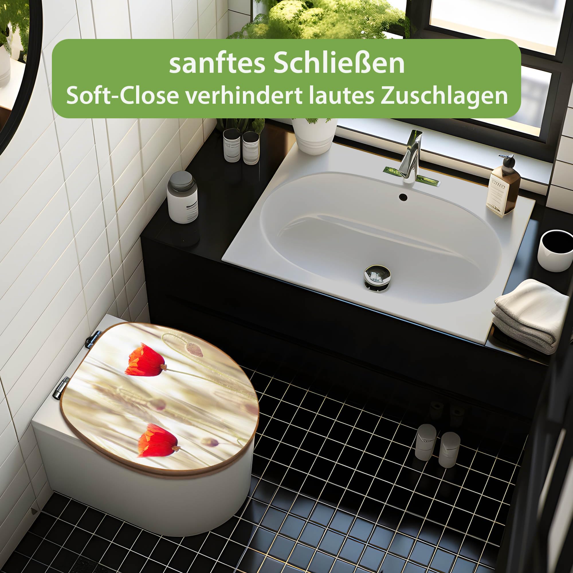 banjado Design WC Sitz Bambus Absenkautomatik 45,8x37,5cm - Toilettendeckel mit Absenkautomatik Holz - hochwertiger Bambus Klodeckel - WC-Sitz für gängigen Toiletten - Motiv Klatschmohn