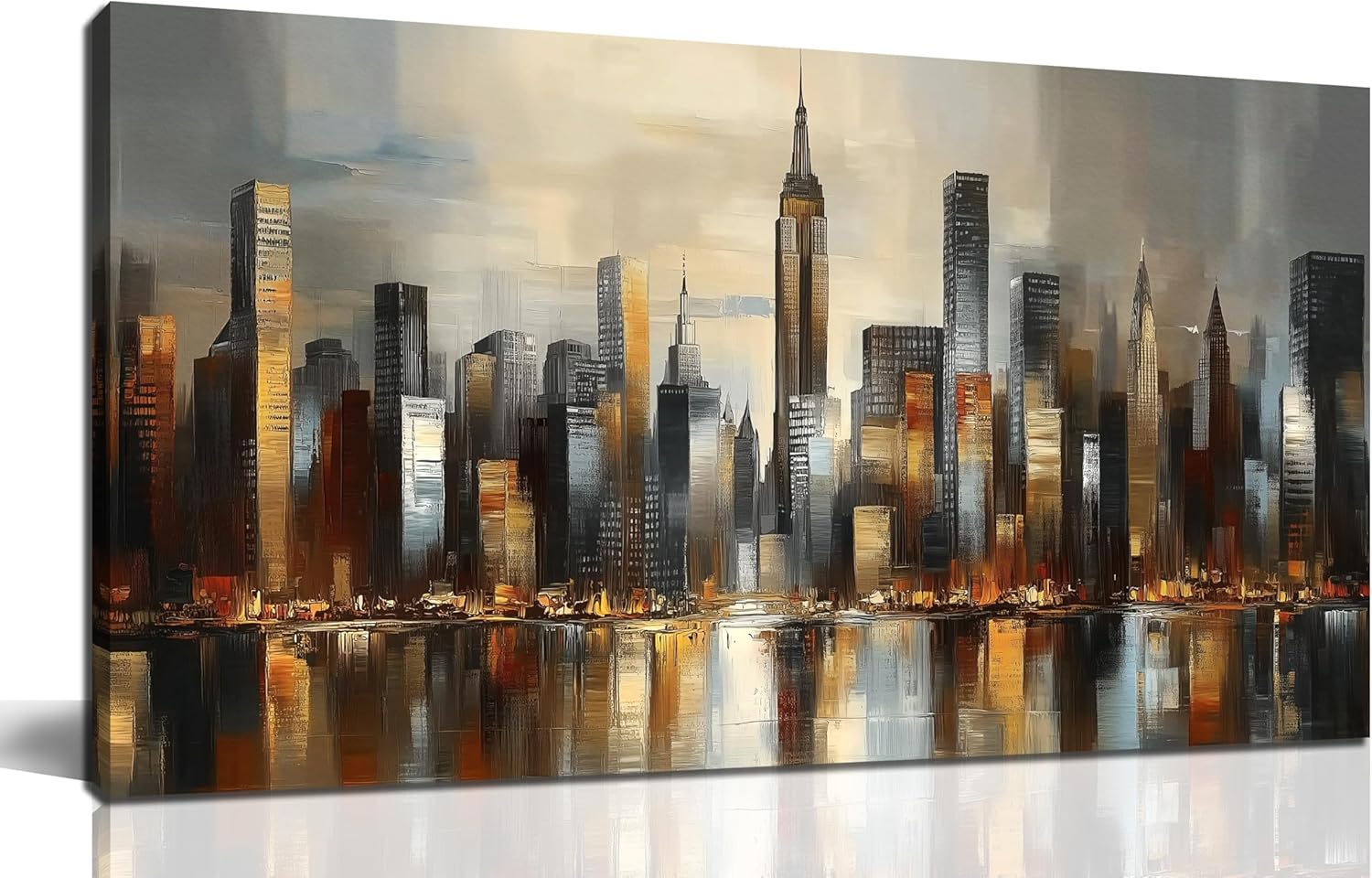 GUGIKA City Wall Art for Living Room, Gold and Grey Wall-Decor for Bedroom, Modern Cityscape Poster Canvas Print, Size 40 x 20 Inches