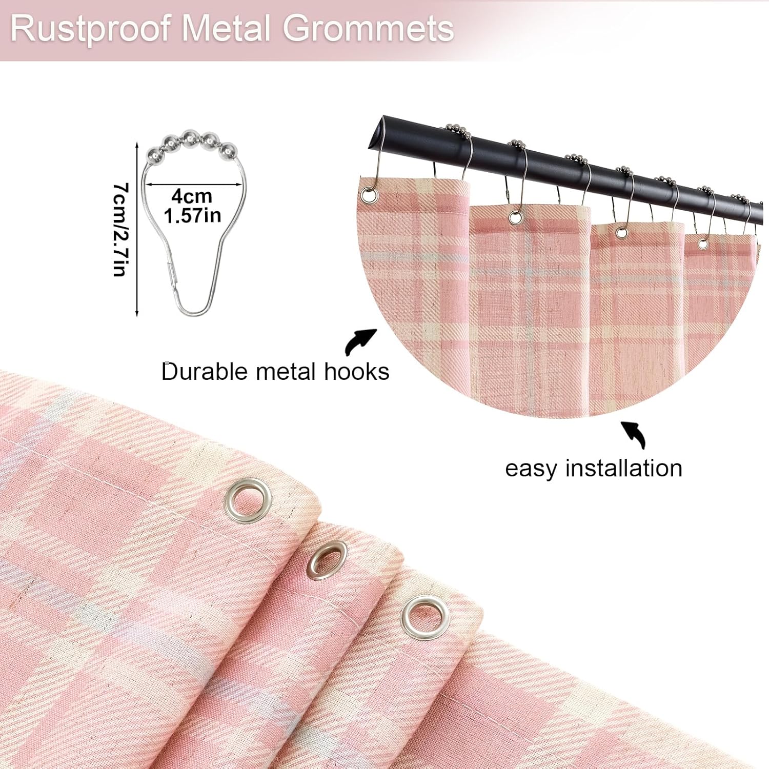 ORTIGIA Pink Plaid & Striped Shower Curtain - Heavy Dusty Linen Blend Fabric, Rustic Vintage Buffalo Check Design, 72x72 inches Bathroom Curtain with 12 Metal Hooks for Modern Farmhouse