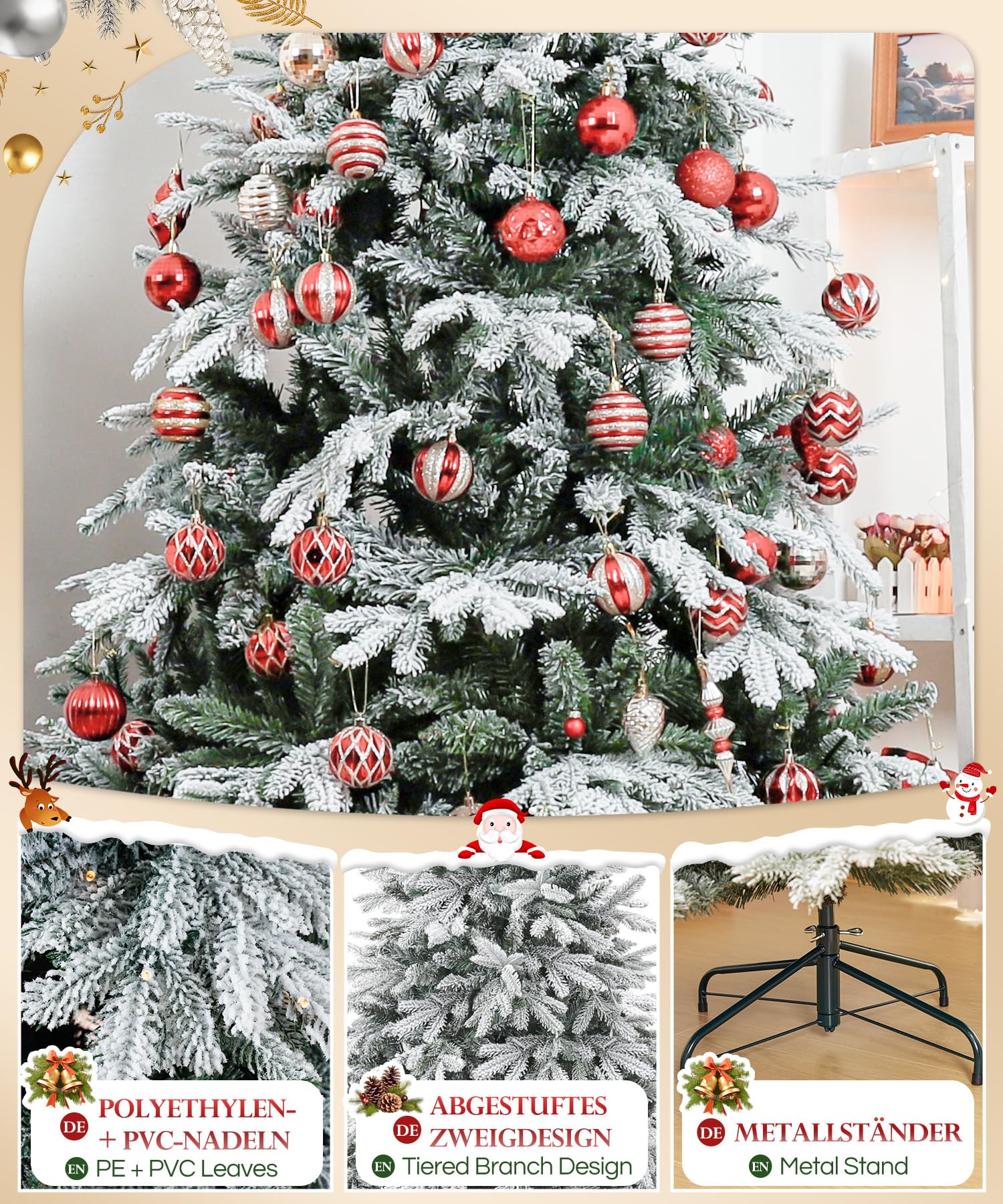 Yorbay Árbol de Navidad Artificial, con Luces Led y Copos de Nieve Decoracion Navideña, Soporte en Metal (180cm)