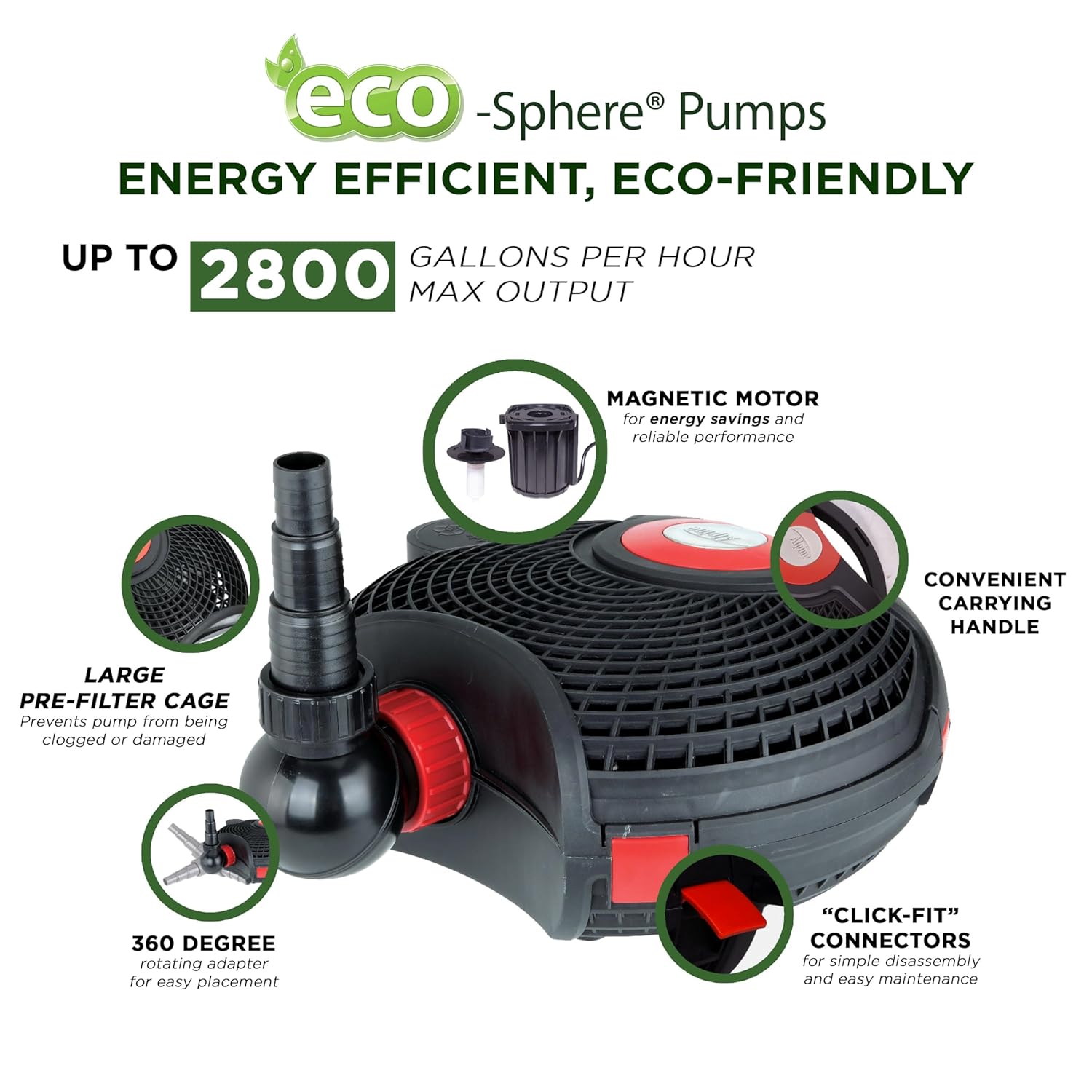 Alpine Corporation Eco-Sphere® Energy-Saving 2800GPH Pond Pump with 33-ft. Cord