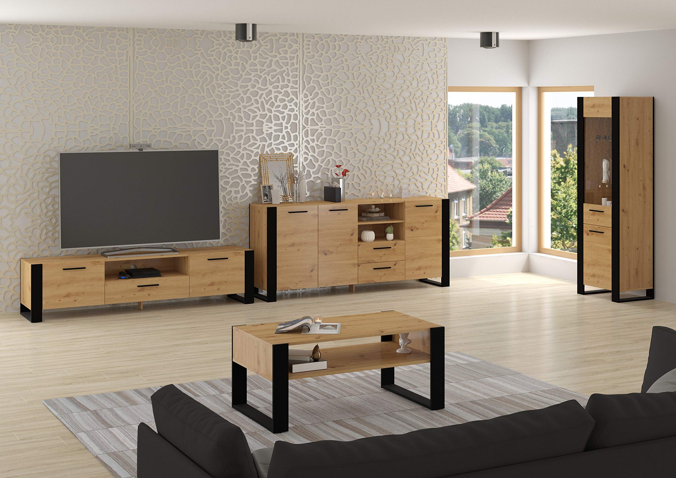 Meuble TV pour téléviseur jusqu'à 70" Moderne, 3 Portes idéal pour Salon Chambre, Banc TV,1 Niche Ouverte et Passe Câbles Intégré Chêne Artisan L 200 X P 43 X H 48 cm Nuka
