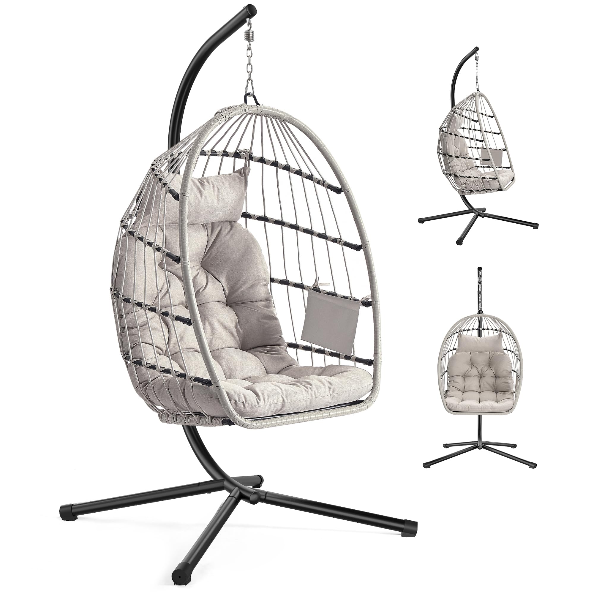 SONGMICS Sedia Sospesa da Esterno, Cestello Pieghevole, Poltrona a Uovo, Altezza Regolabile, Tasca Portaoggetti, Seduta Imbottita, per Soggiorno, Giardino e Balcone, Bianco GDC050WZ01