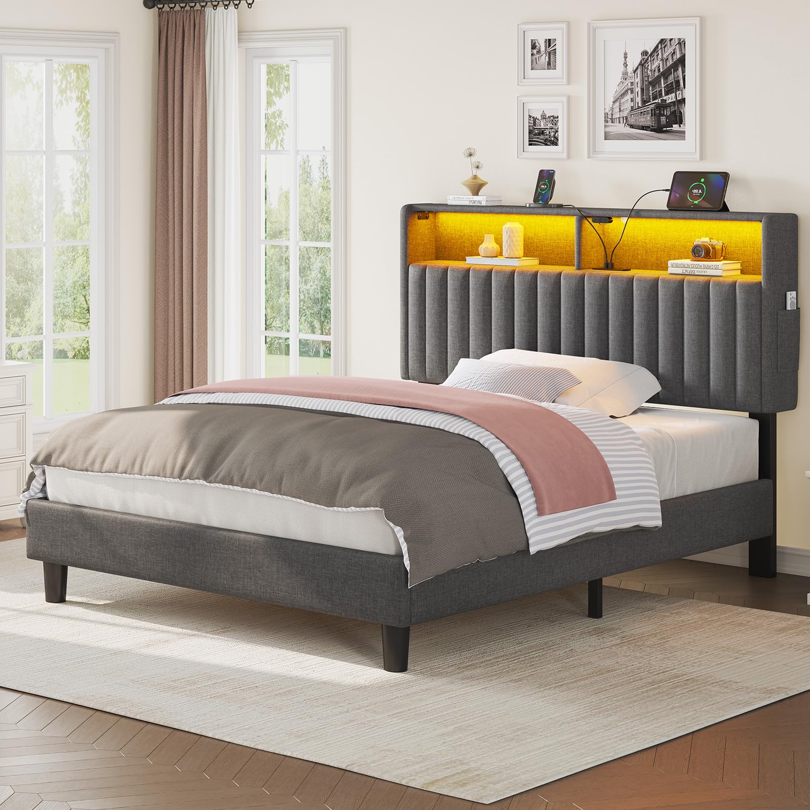 Seventable Bett 90x200 mit Ladestation, Metallbett mit Gepolstertem Kopfteil & LED, Bettgestell mit Zweischichtige Ablage, perfekt für Kinderzimmer, Jugendzimmer (grau)