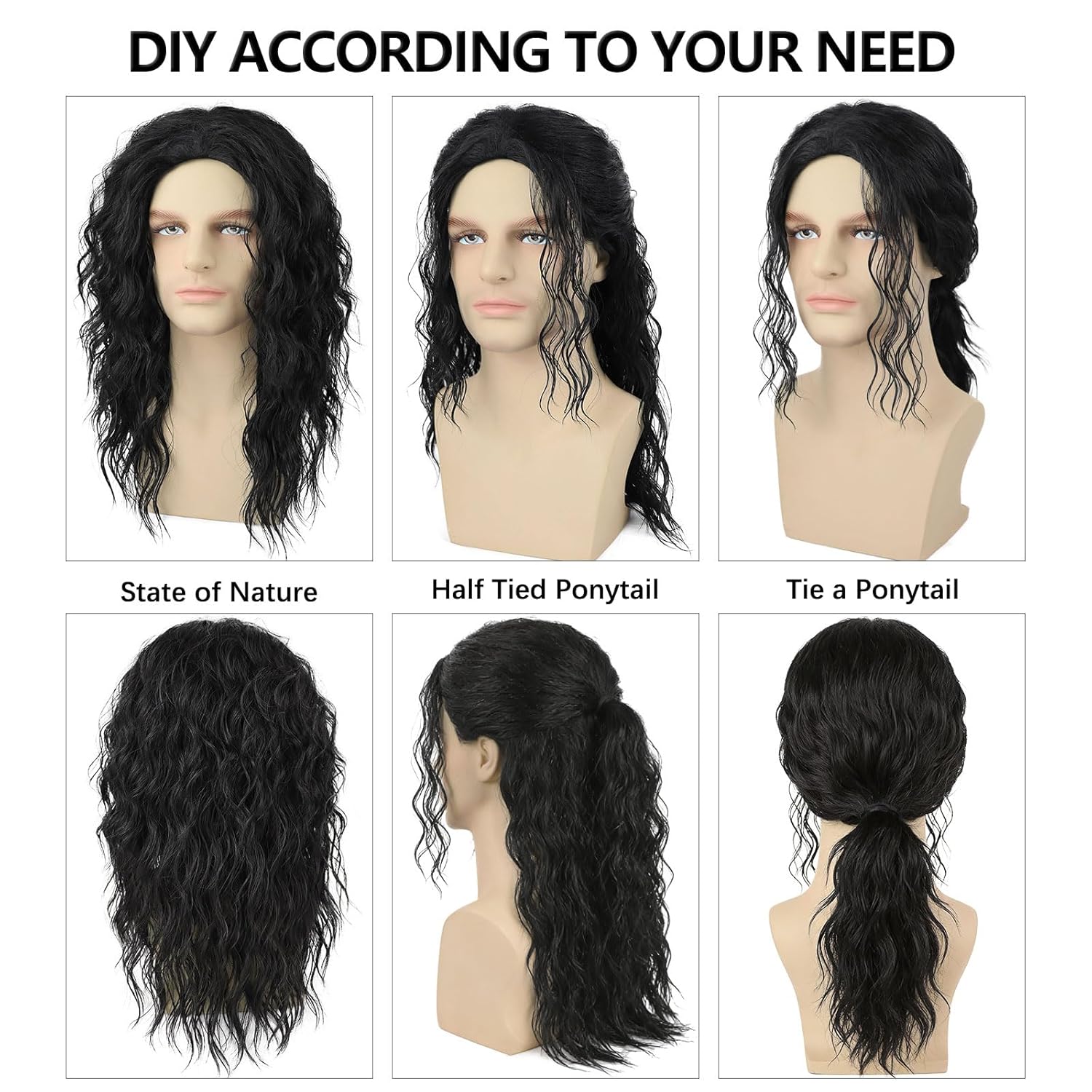 Mens Black Curly Wig for Costume 70s 80s Mullet Rocker Synthetic Long Wavy Wigs for Retro Halloween Cosplay Party Use