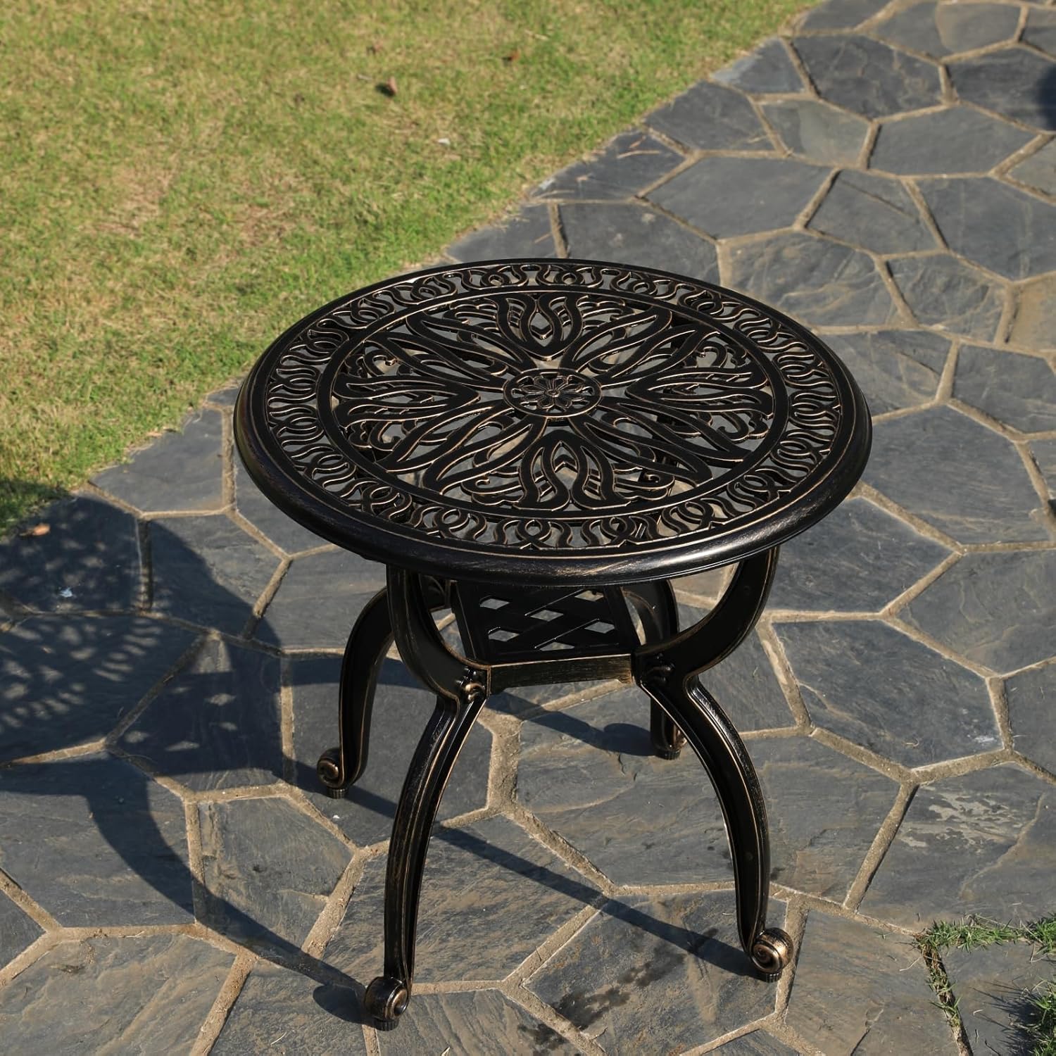 KAILI Outdoor Cast Aluminum Side Table Patio Side Table Backyard, Pool, Indoor, Easy Maintenance and Weather Resistant Coffee Table Porch Table Bistro Table (18.5round-Bronzed)