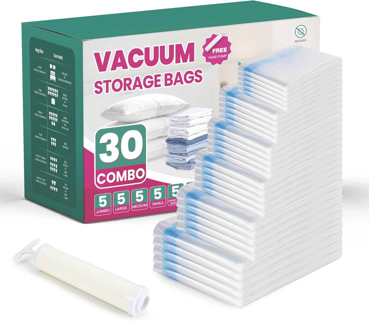 HealSmart Vacuum Storage Bags, 20 Pack Space Saver Vacuum Seal Bags, Compression Bags for Travel Lugggage, Clothing, Comforters, Blankets with Hand Pump (4 Jumbo/4 Large/4 Medium/4 Small/4 Roll M)
