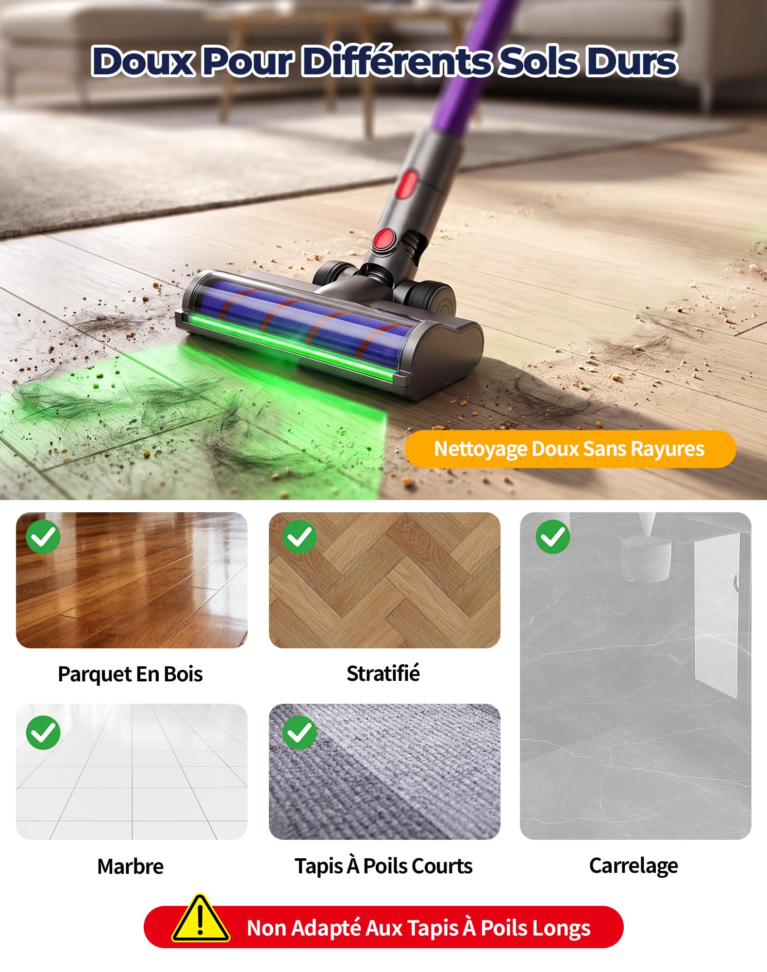 Brosse pour Dyson V7 V8 V10 V11 V15 Aspirateur avec Lumière LED Verte