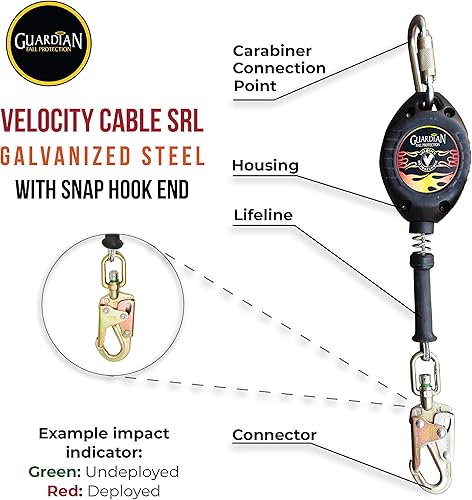 Miniatura 3 de Guardian Fall Protection 42000 Velocity Cable SRL  16 pies Línea de vida autorretráctil con mosquetón y conector