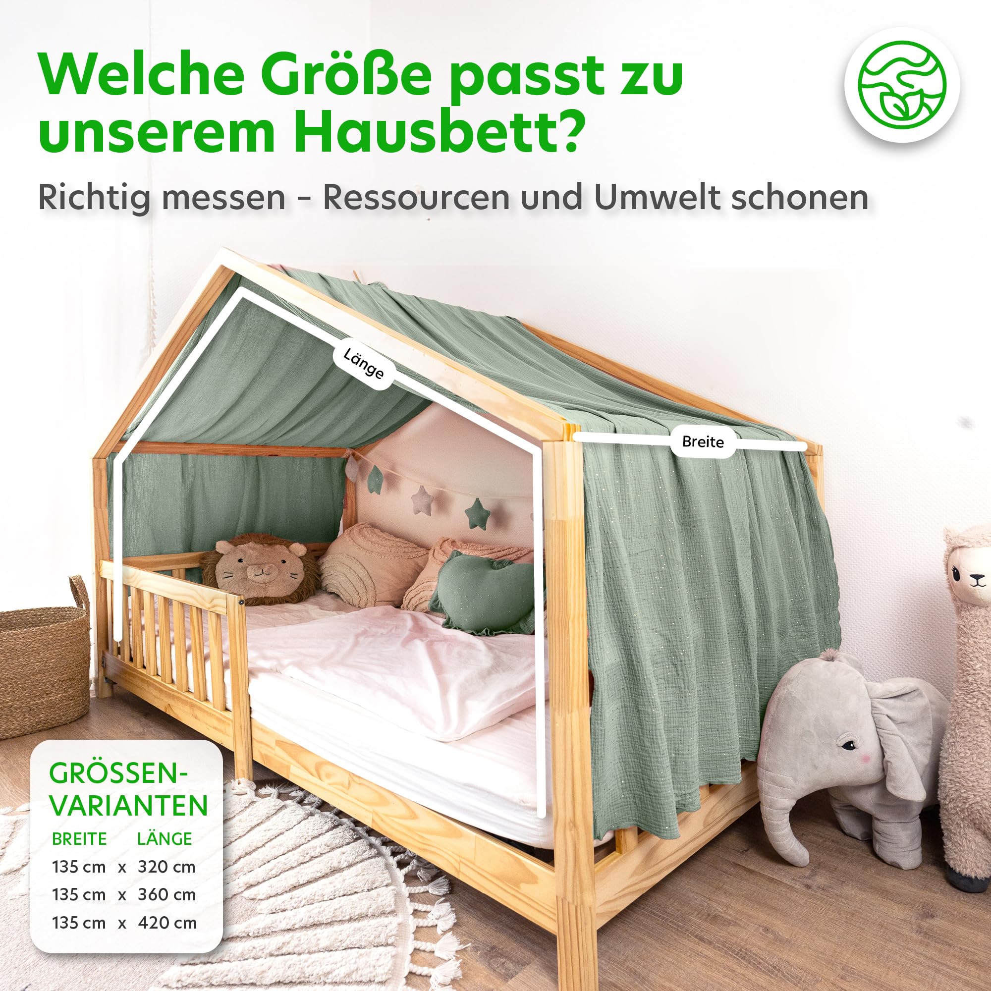 lilimaus Ciel de lit en mousseline 100 % coton fait à la main - Ciel de lit décoratif pour lit de maison fille et garçon - 100 x 200 cm - Eucalyptus
