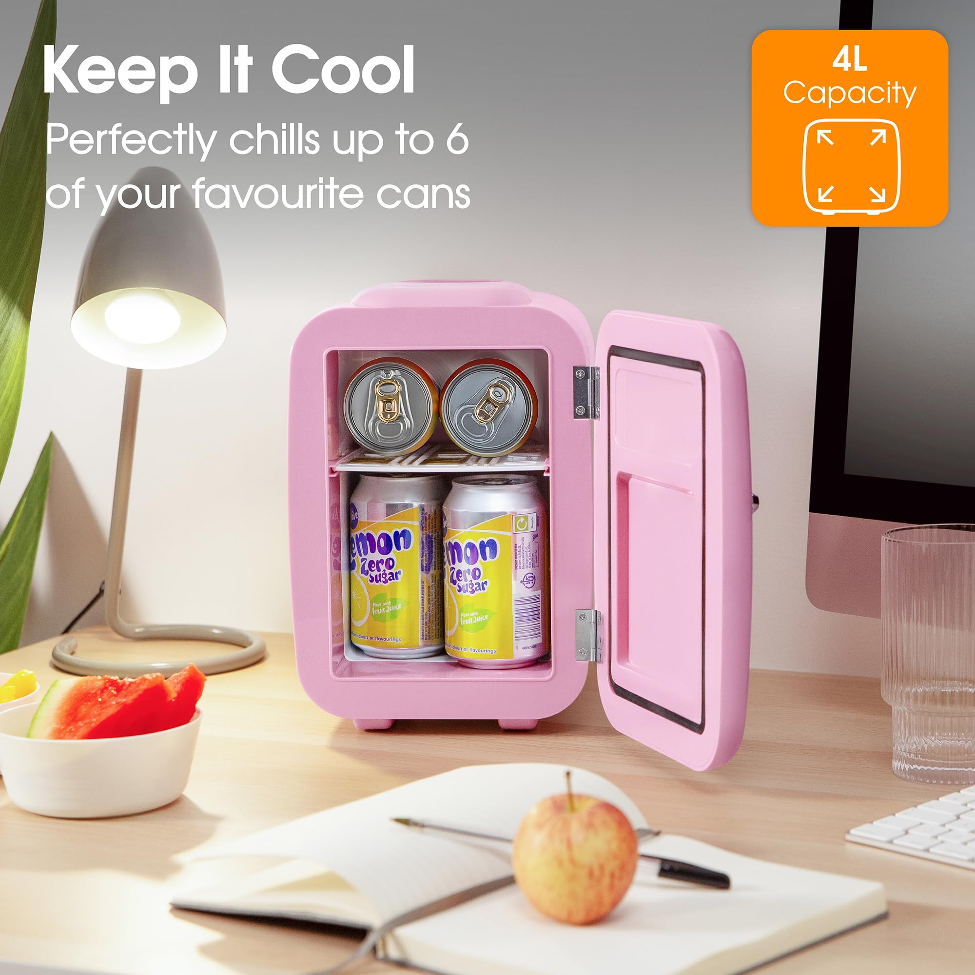 Abode Pink Mini Fridge A4CLR201P 4L/6 Can Portable Thermoelectric Mini Cooler & Warmer for Drinks, Cosmetics/Makeup/Skincare, AC/DC Power, Retro Style, For Bedroom, Home, Caravan, Car — view 9