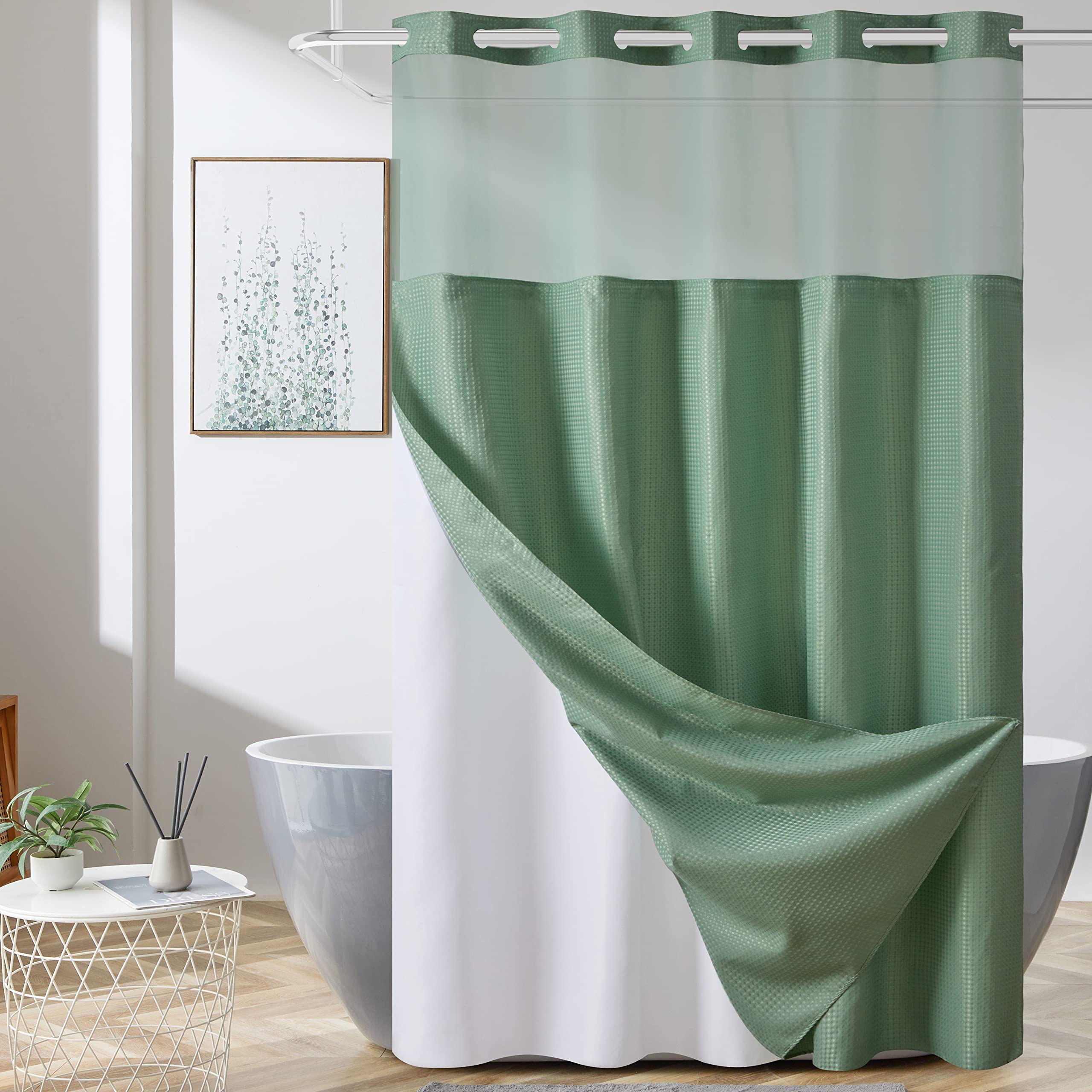 Furlinic Waffle Weave No Hook Shower Curtain with Snap in Liner,Honeycomb Textured Bathroom Curtains with See Through Top Window,Waterproof & Machine Washable,Hotel Quality,Sage Green,71x84 Inch