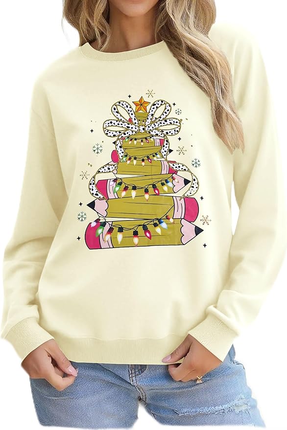 Christmas Sweatshirts for Women Funny Christmas Tree Xmas Cute Graphic Long Sleeve Shirt