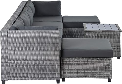 Miniatura 5 de Grupo de asientos seccionales de ratán de 7 piezas con cojines, juego de sofá de mimbre de polietileno para todo tipo de clima con mesa auxiliar,