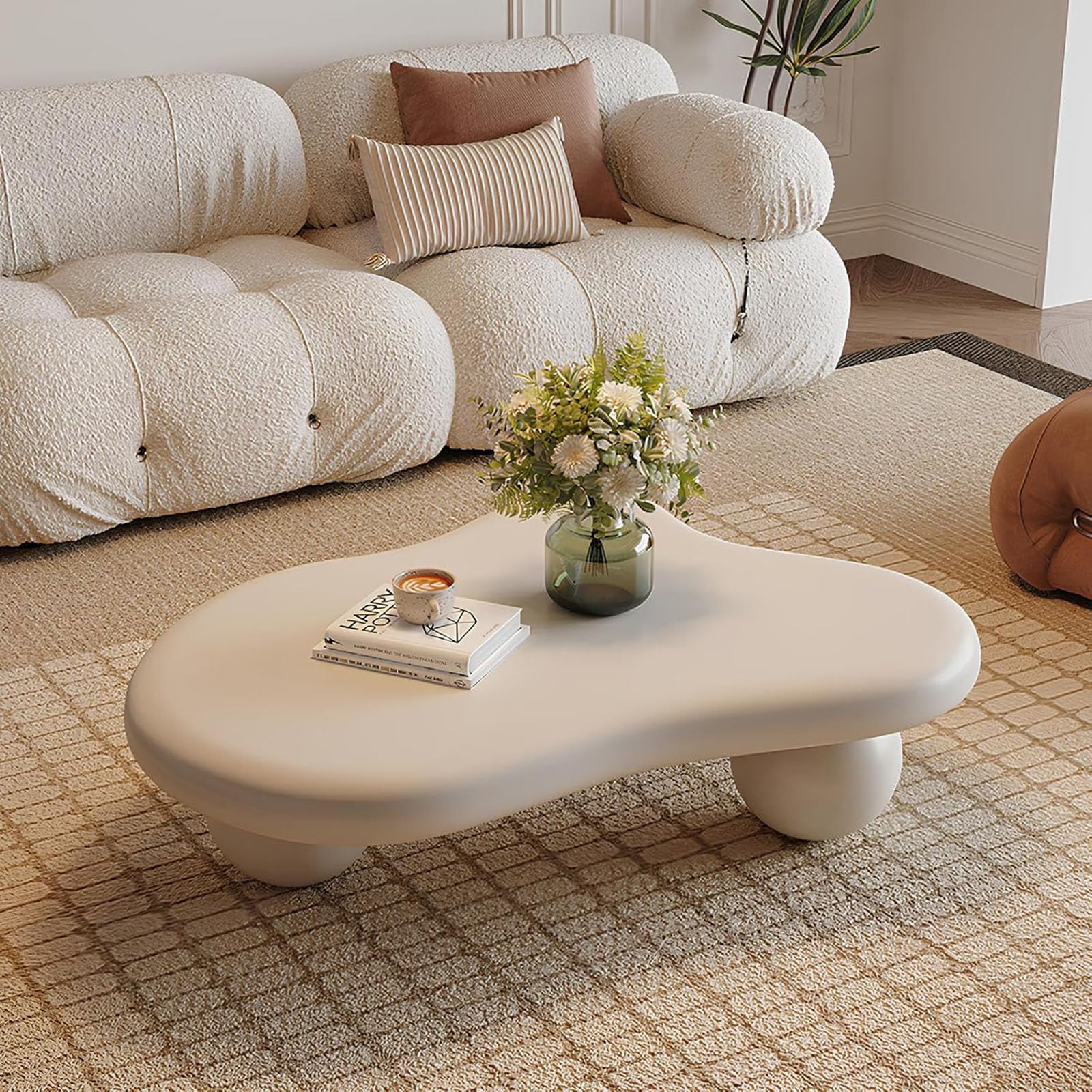 Cloud Shaped Coffee Table with 3 Ball Legs, Cream White Cute Funcky End Table, Modern Irregular Low Center Table for Living Room (A Cream White 46in)