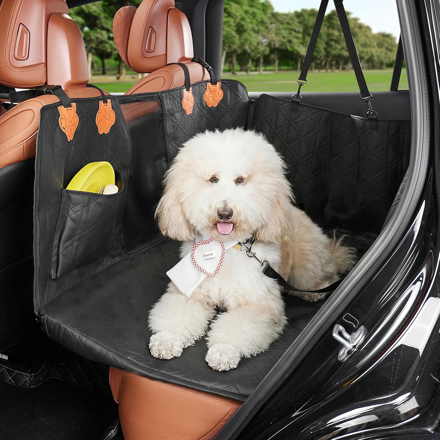 JOYTUTUS Back Seat Extender for Dogs, PU Leather Dog Car Seat Cover for Back Seat with Hard Bottom, Dog Hammock with Mesh Window, Dog Car Seat Cover for Sedans SUVs Small Trucks, Holds 440 lbs