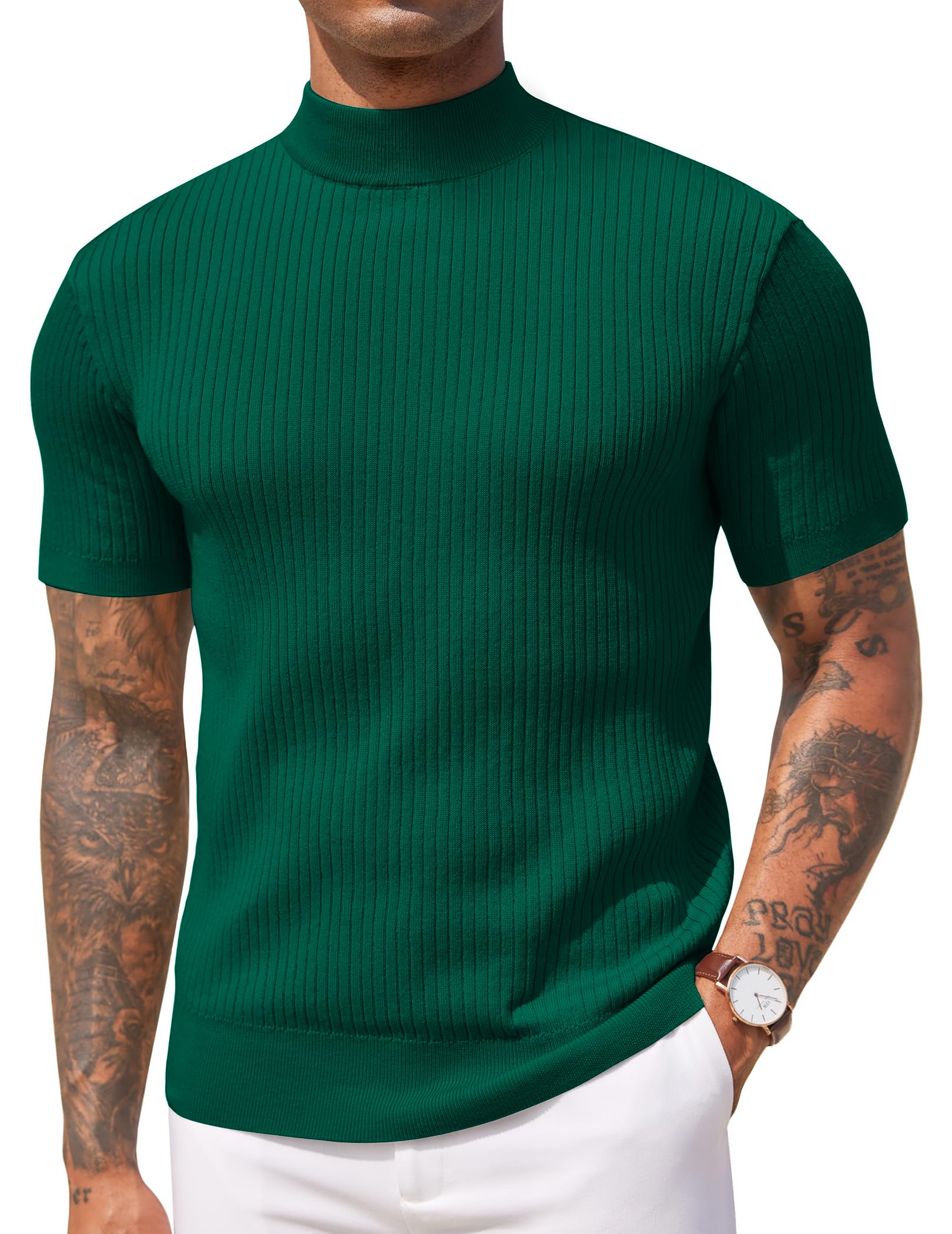 COOFANDY Men's Mock Turtleneck Sweater Short Sleeve Casual Basic Tops Ribbed Knit Pullover Solid Tee
