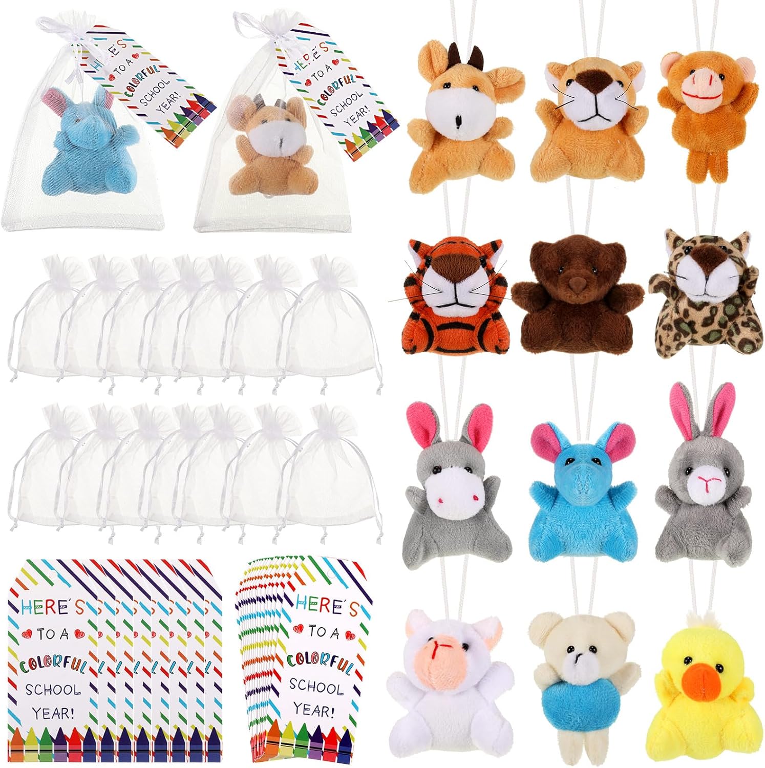 24 Set Welcome Back to School Gifts for Students Mini Animal Plush Toy First Day of School Classroom Jungle Stuffed Animals Bulk with Label Tags Organza Bags for Goodie Bag Fillers(Cute)