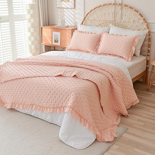 Cmfshape Juego de cama de 3 piezas de edredón ultrasónico con bordes con volantes para una elegante decoración de dormitorio, adecuado para todas