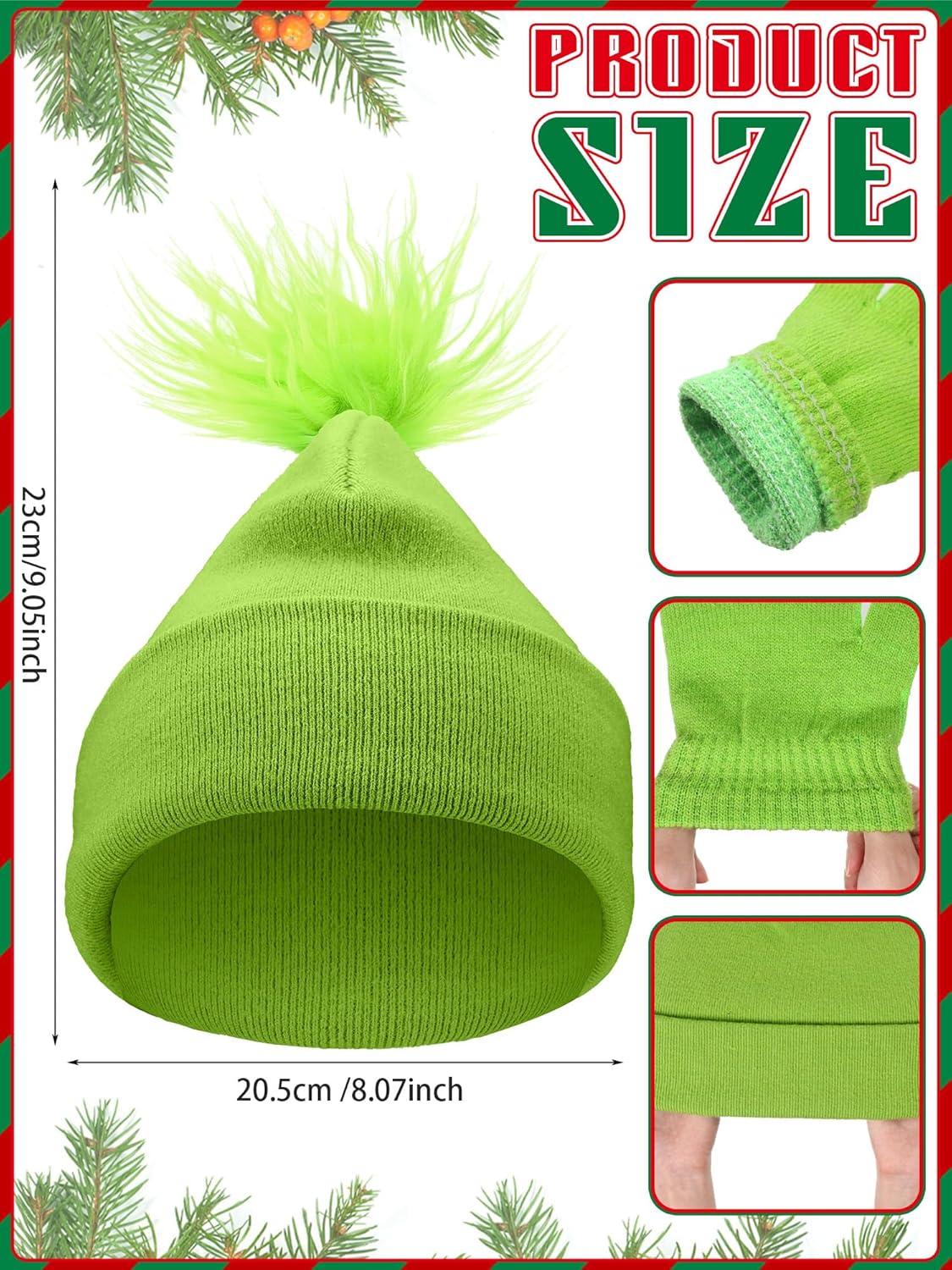 Hicarer Christmas Cosplay Pom Beanie and Gloves Set Neon Green Knitted Winter Cuffed Beanie Cap Gloves Kit for Women Men Xmas Party - Image 2