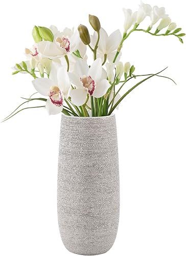 Torre & Tagus Brava - Jarrón plateado texturizado  Jarrón de cerámica de decoración moderna de 11 pulgadas de alto para flores y arreglos florales