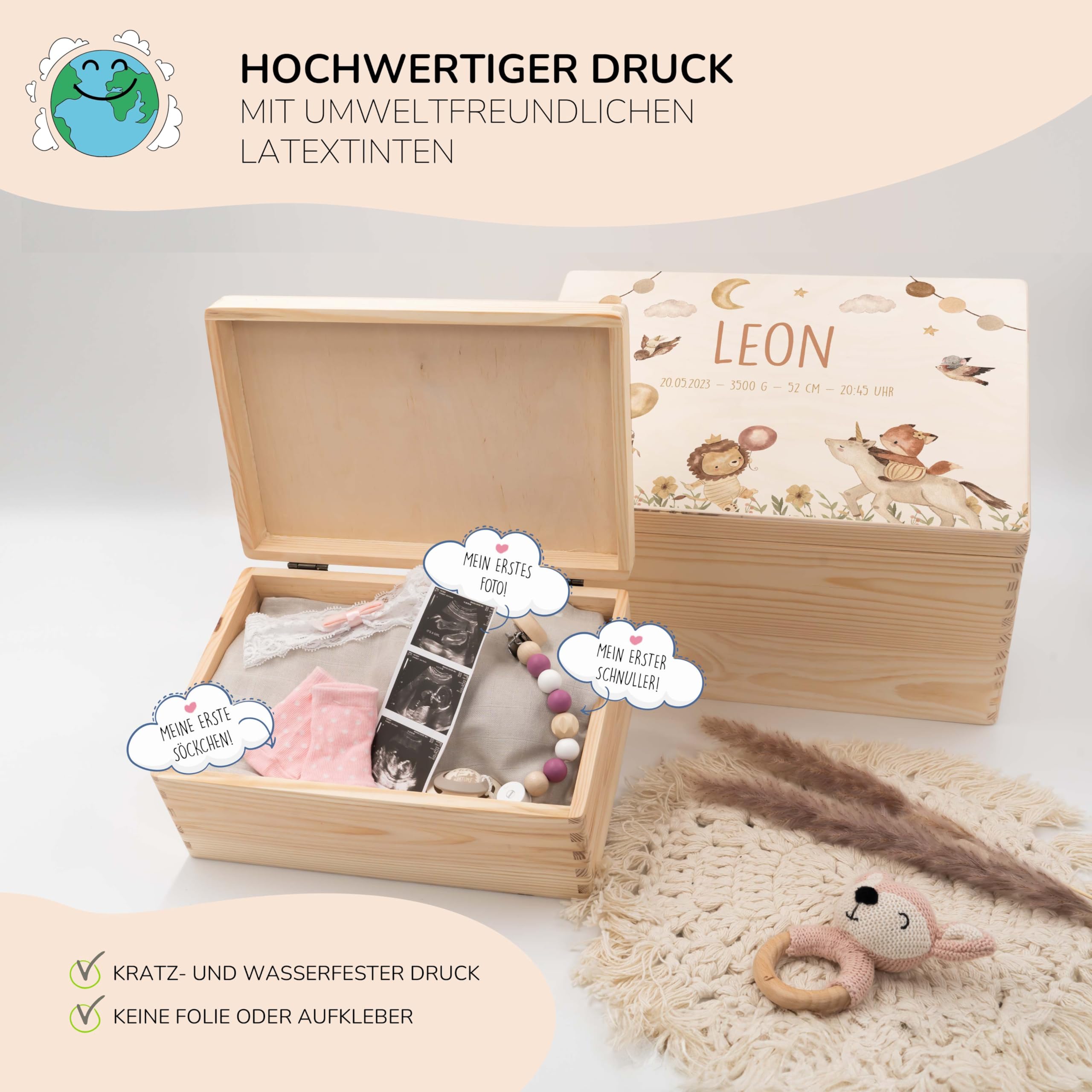 KIDSMOOD - Erinnerungsbox Baby, personalisierte Holzkiste mit Deckel, Ideal zur Aufbewahrung von Erinnerungen und als Geschenk zur Geburt, Taufe oder als Geburtstagsgeschenk für Mädchen und Jungen