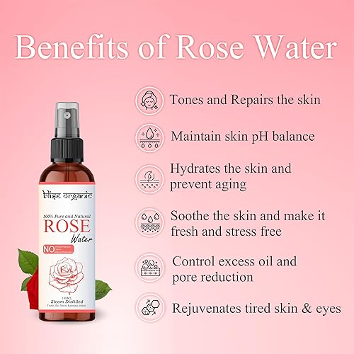 Miniatura 3 de Blise organic Agua de rosas 100% pura, natural y orgánica, libre de conservantes, destilada al vapor de los mejores pétalos de rosa, sin alcohol,