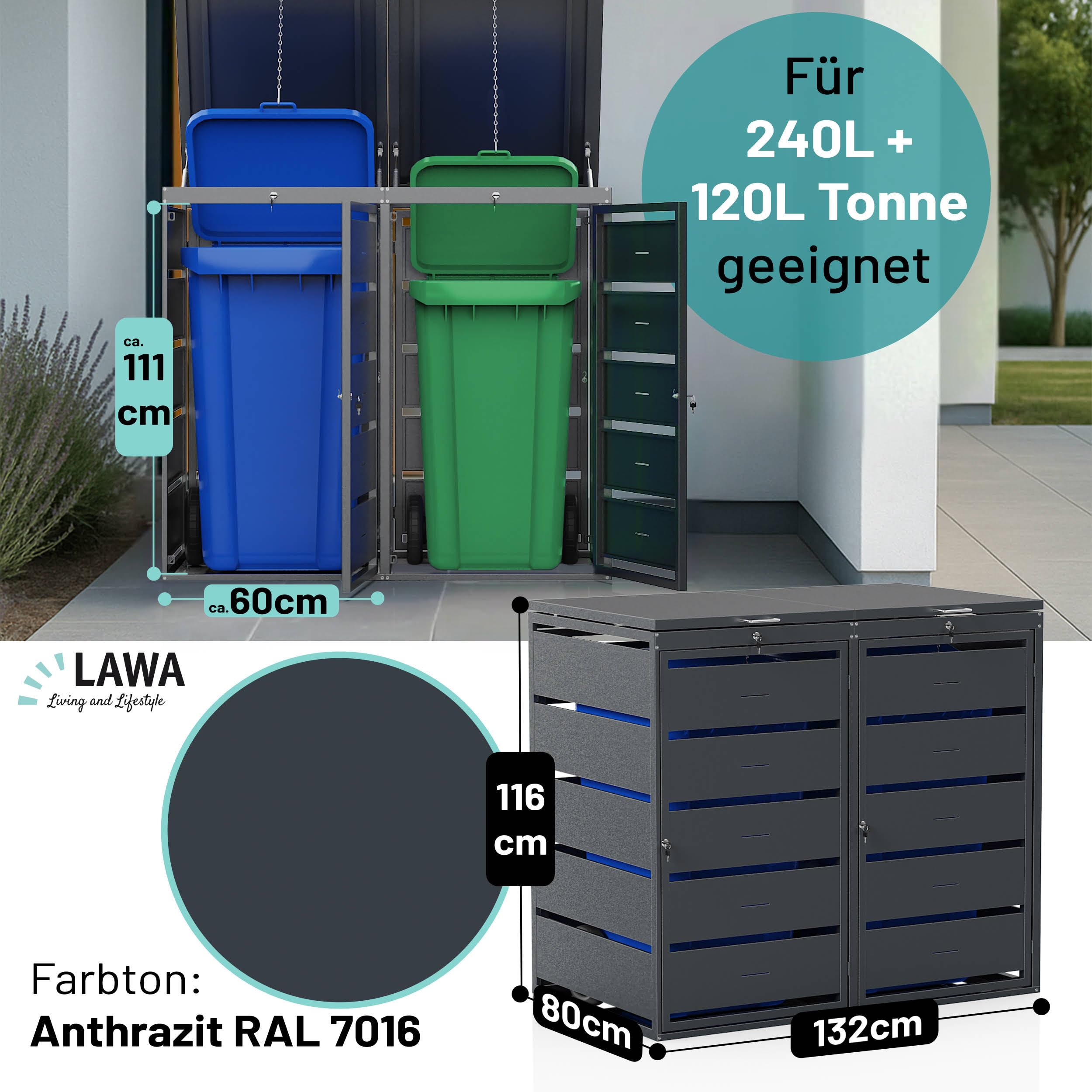 Mülltonnenbox 2X 240L Mülltonnen verzinkter pulverbeschichteter Stahl 4 Türen & 2 Deckel abschließbar mit Gasdruckfedern & Geräuschdämpfer Lüftungsschlitze Anthrazit RAL 7016