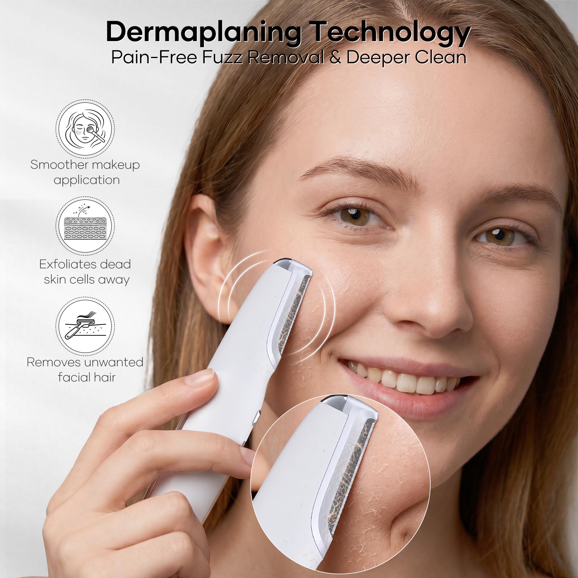 Dermaplane - Maquinilla de afeitar para mujer, depiladora eléctrica 2 en 1, depiladora de pelo facial de melocotón con 6 cuchillas de repuesto y punta de masaje