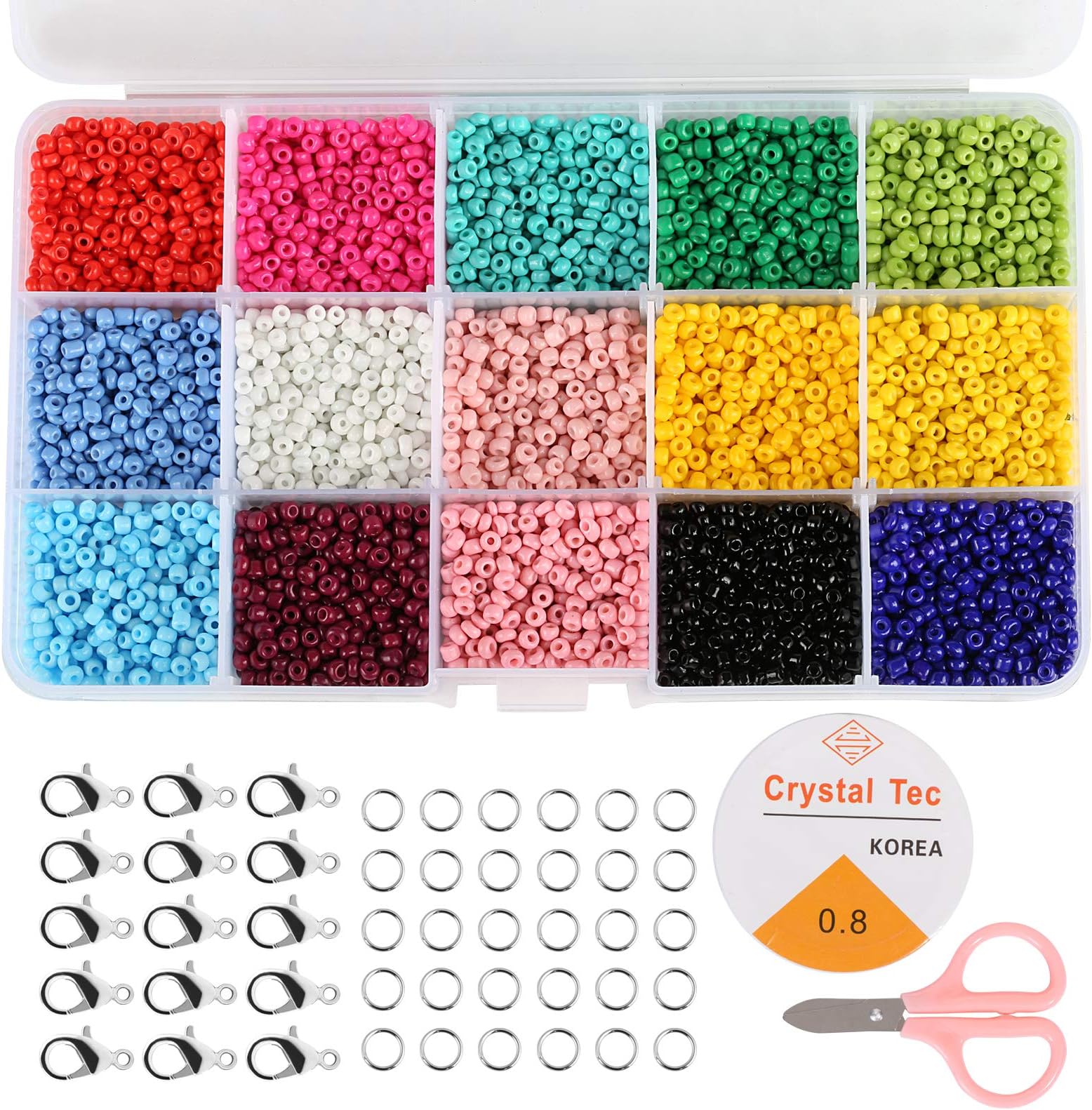 Naler 3mm Glass Seed Beads, 7500pcs Pony Beads in Box 15 Multicolor Assortment Craft Seed Beads with 20pcs Lobster Clasps & 100 Open Jump Rings for Jewelry Making Finding Art Craft DIY Decoration