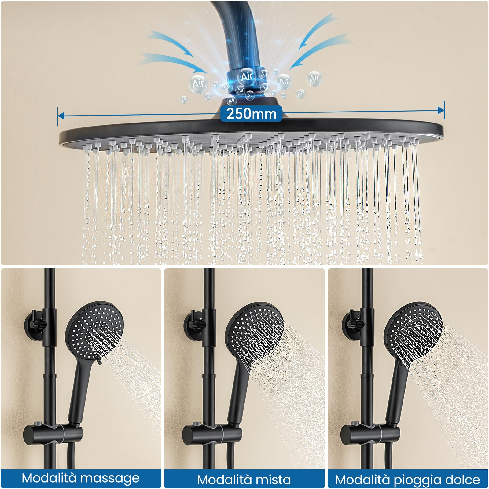 Auralum Colonna Doccia con Miscelatore, Saliscendi Doccia con Soffione Altezza Regolabile, Asta Doccia Acciaio Inox, Miscelatore Doccia Esternoe, Nera