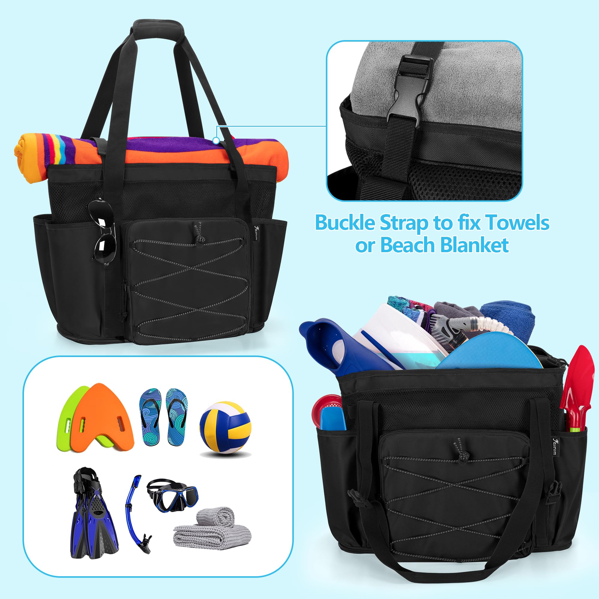 Fasrom Bolsa de playa XXL con cremallera inferior, bolsa de baño XXL familiar, bolsa de sauna para mujer grande, bolsa de natación familiar, bolsa de playa impermeable con cremallera, mochila de playa