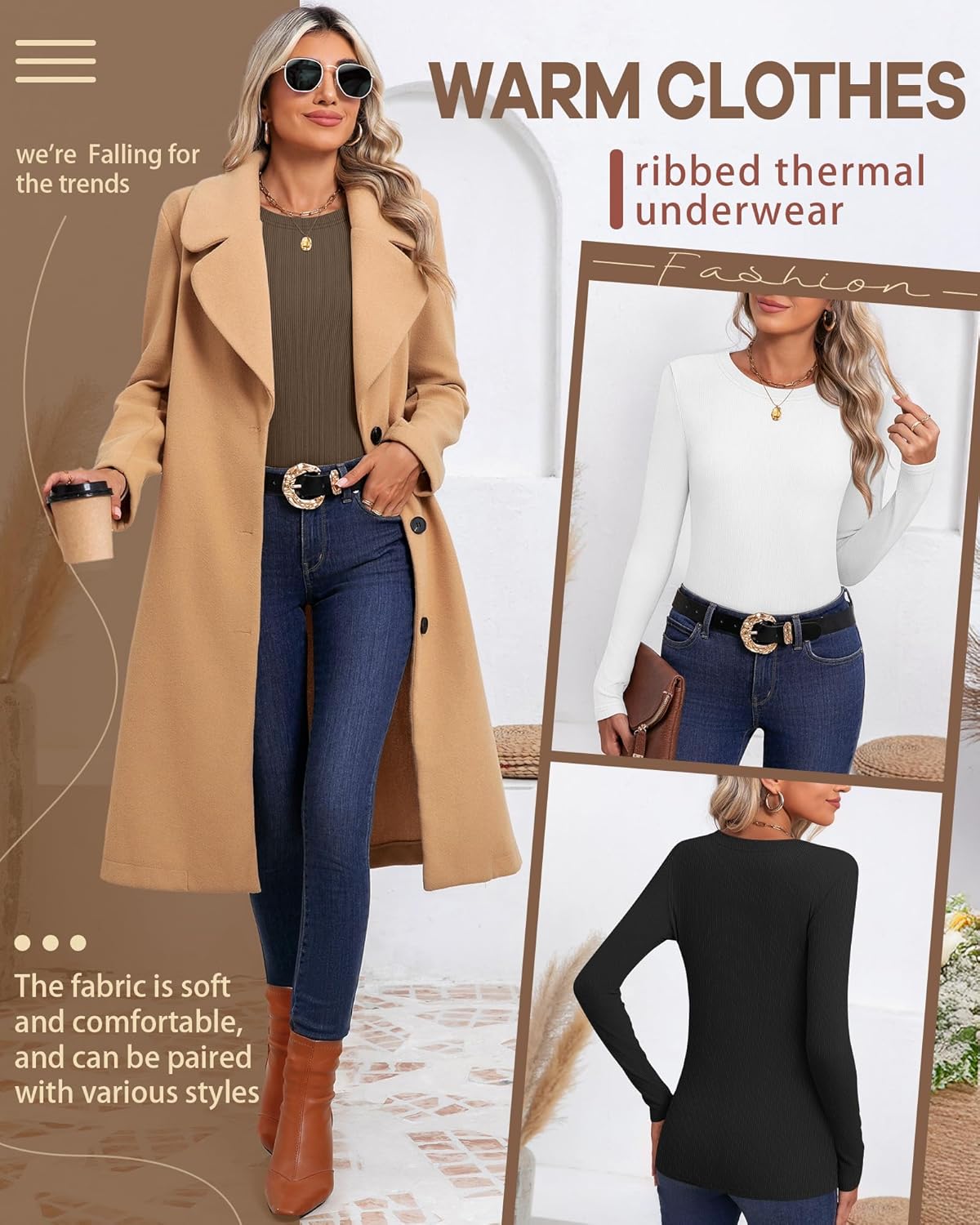 3 Pack Women's Ribbed Long Sleeve Thermal Tops Thin Fleece Lined Crew Neck Shirts Warm Basic Undershirt for Winter - Image 6