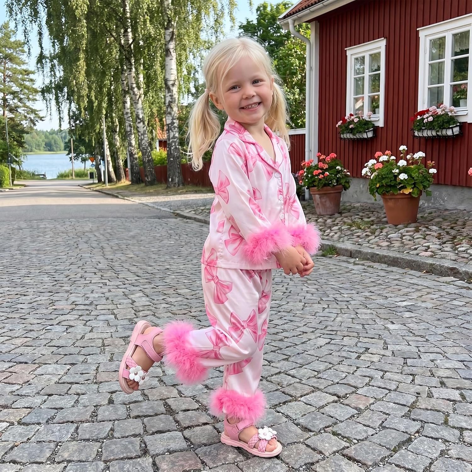 Kavousa Toddler Girls Fall Pajamas Bow Dots Print Fuzzy Tops Pants Satin Sleepwear
