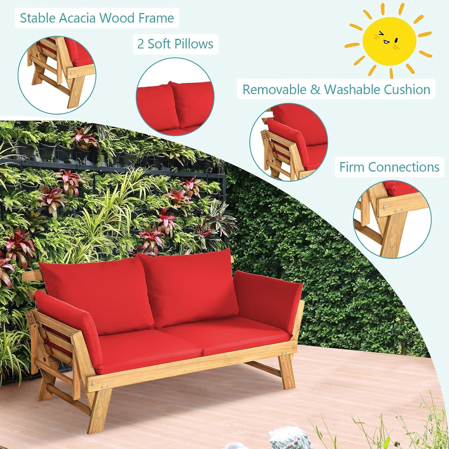 DORTALA Patio Convertible Couch Sofa Bed, Acacia Wood Daybed w/Adjustable Armrest, Collapsible Chaise Lounge w/Cushions & Pillows, Outdoor Loveseat for Poolside, Courtyard (Red)