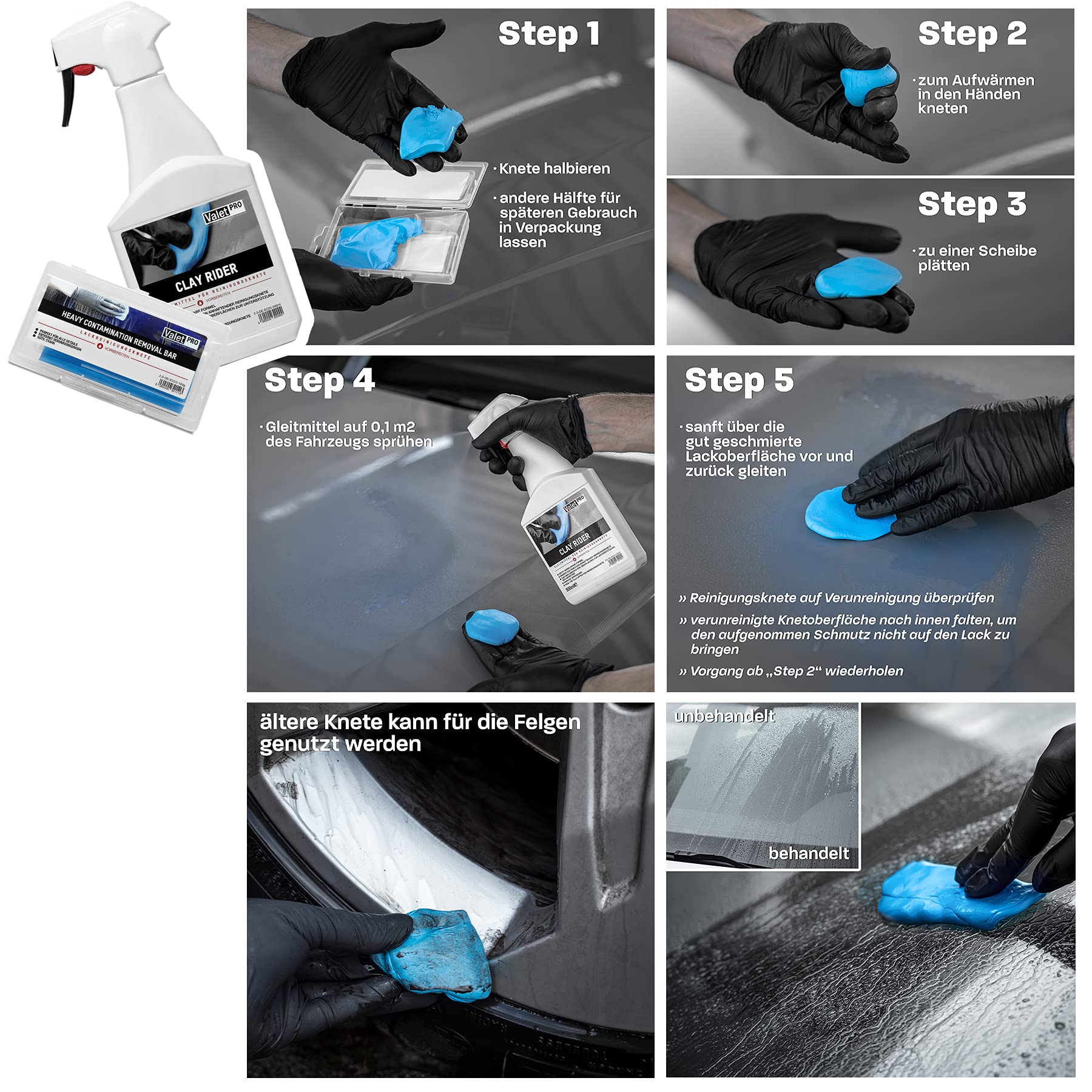 detailmate Juego de abrillantador para coche KochChemie Polituren 250 ml + KochChemie Allround Qucik Shine + ValetPRO Clay Rider 500 ml + pasta de limpieza + almohadillas pulidoras + accesorios