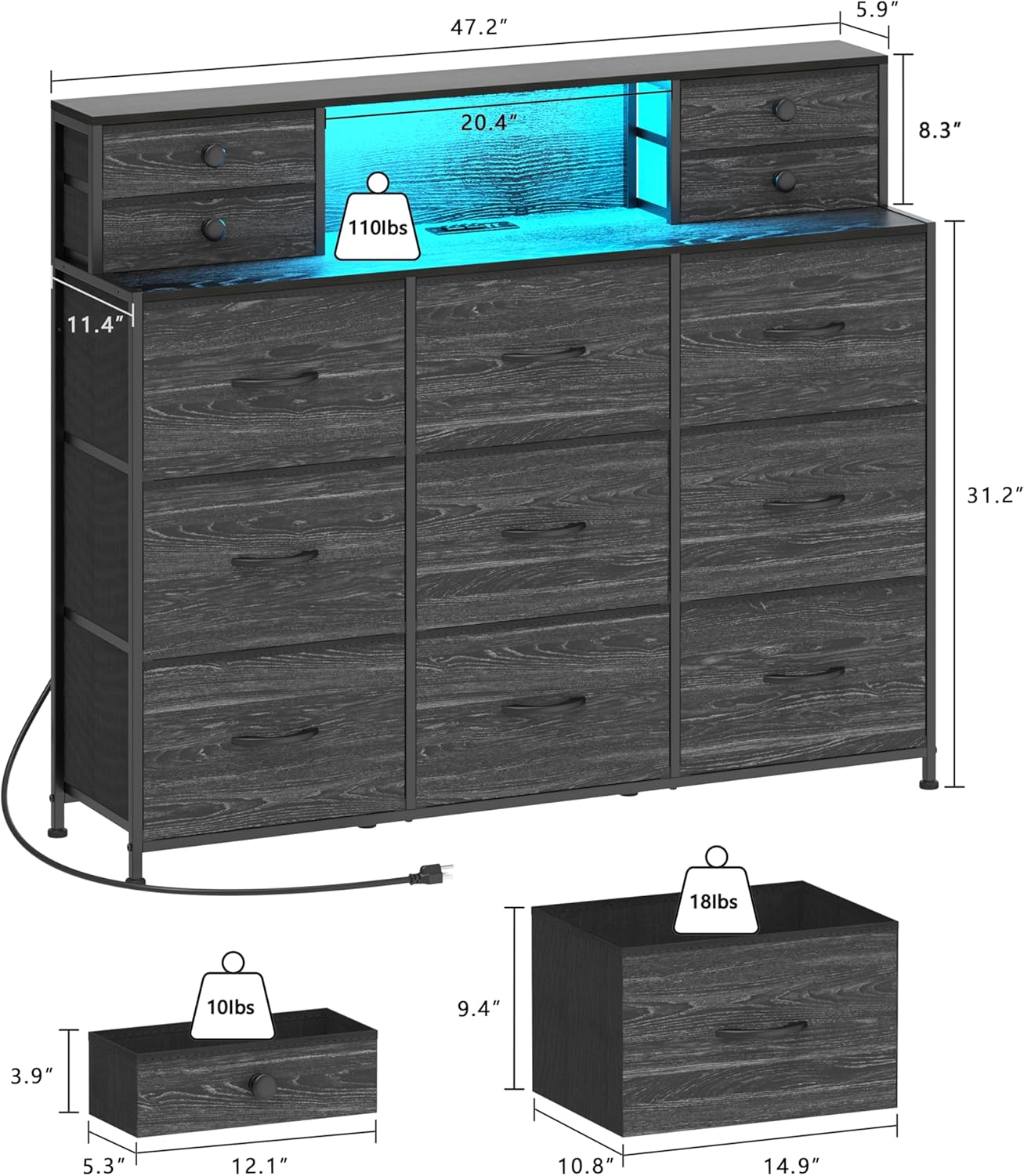 Black Dresser with Charging Station and LED Lights 13 Drawers Dressers for Bedroom Long Dressers & Chests of Drawers for Living Room Hallway Entryway Closets Sturdy Frame Wood Top