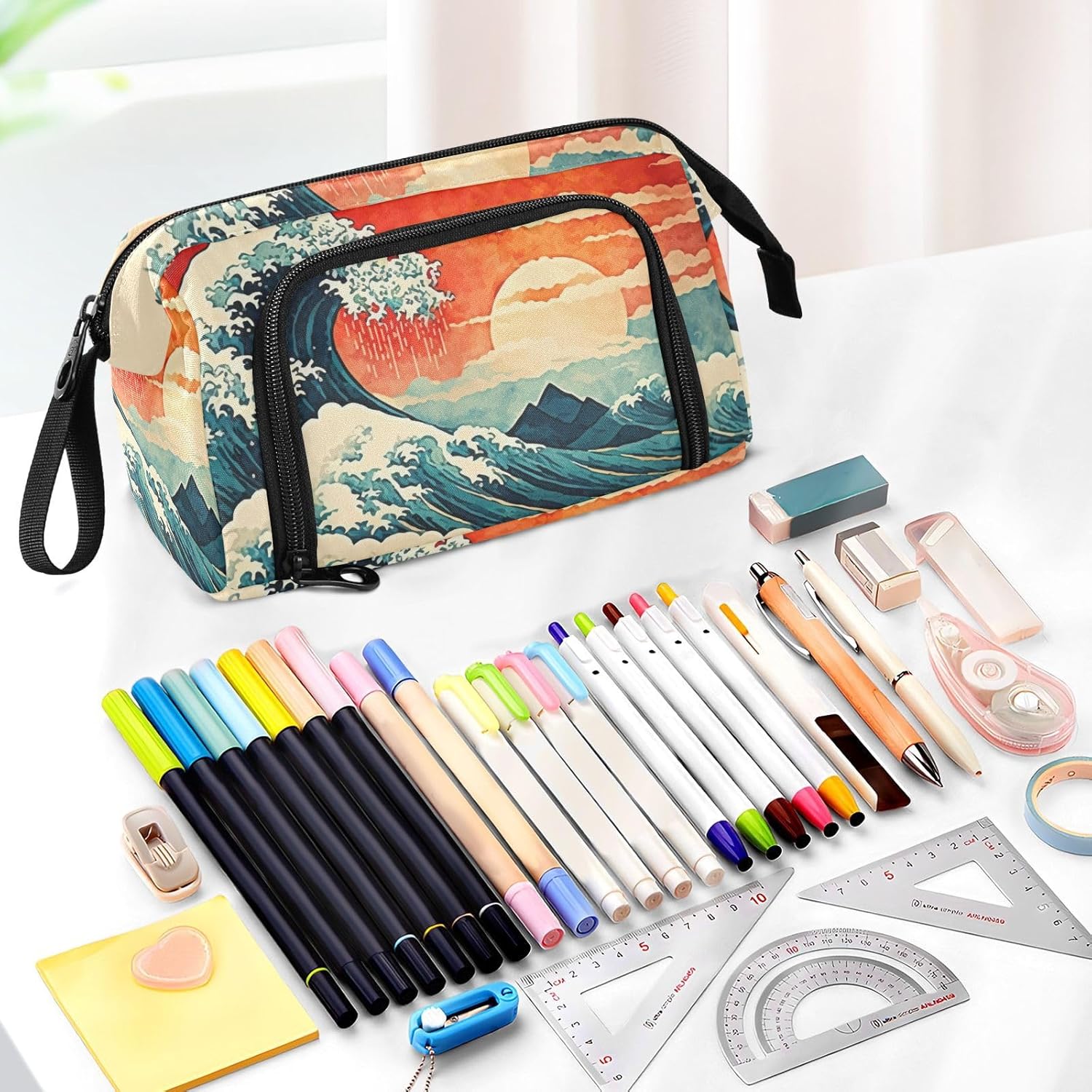 Pencil Case Japanese Wave Sunset Pattern, Large Capacity Stationery Organizer Pencil Pouch Bag for Office Travel 1 Pack 9.4x3.7x5.9 in