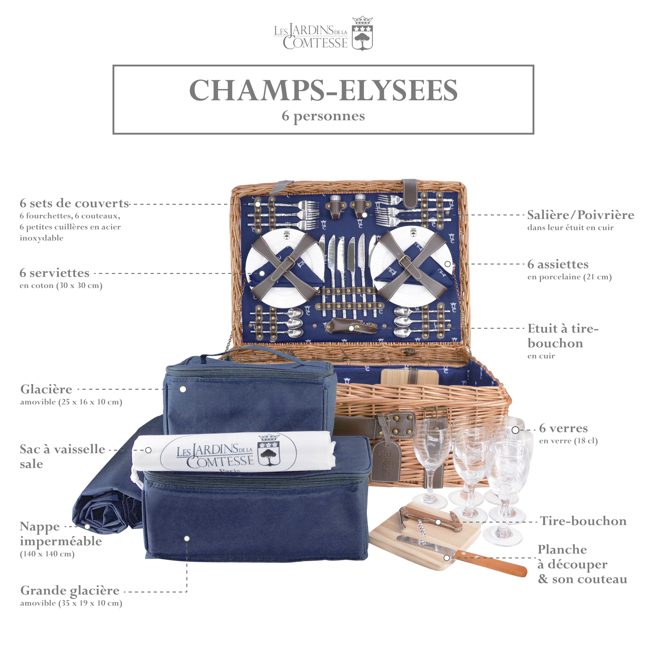 Les Jardins de la Comtesse - Cestino da picnic per 6 persone "Champs-Elysées" blu, completo di tasche isolanti, tagliere e tovaglia, dimensioni: 62 x 44 x 23 cm