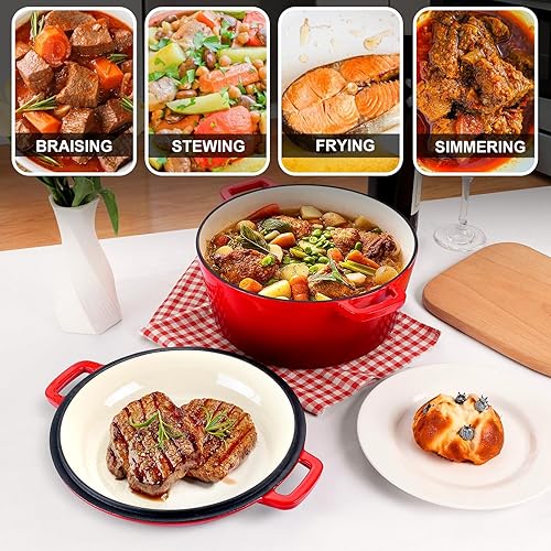 Miniatura 7 de P&P CHEF - Olla de horno holandés esmaltado rojo para hornear pan, horno holandés redondo 2 en 1 de hierro fundido de 5 cuartos con juego de tapa,