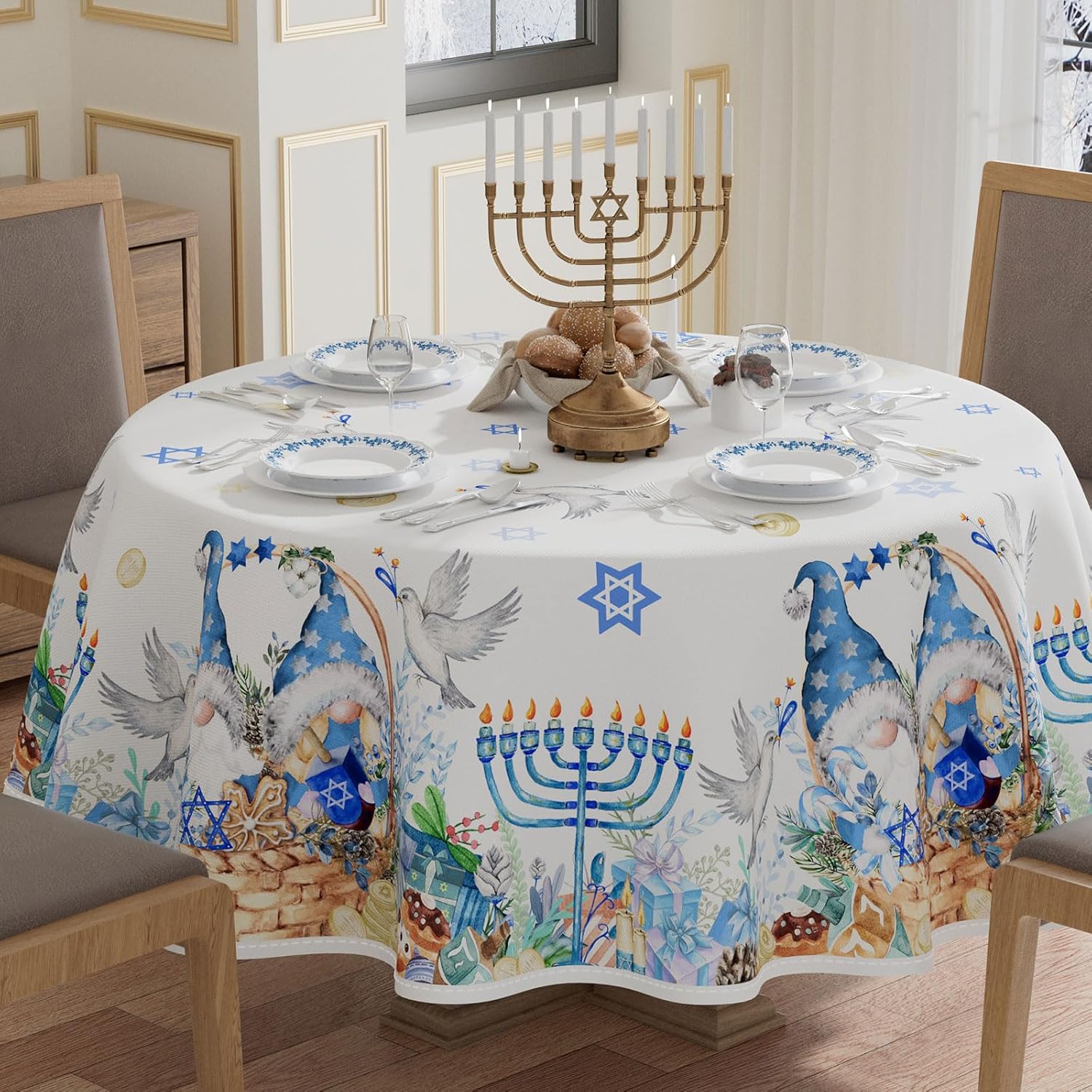 xchi gnomes doves hanukkah chanukah menorah tablecloth round table cloth washable table covers for indoor dining home party decorations 60x60 inch