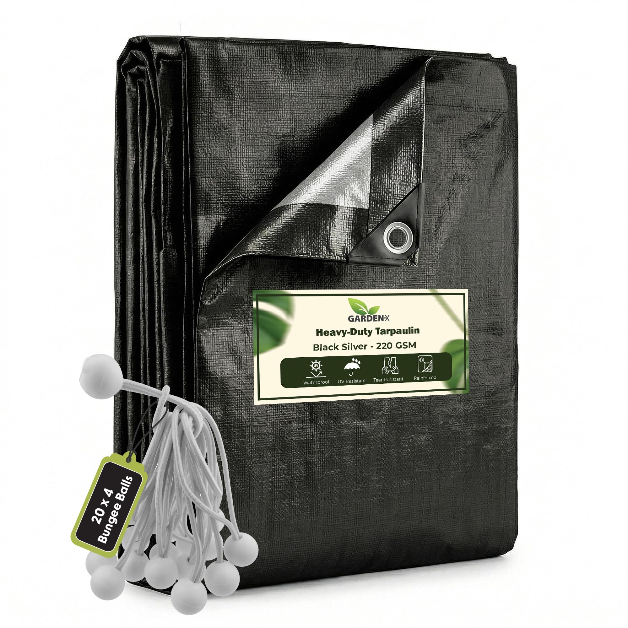GARDENIX 3m x 3m Black Heavy Duty 220gsm- eyelets every 50 cm Tarpaulin Waterproof Tarp Sheet Cover, Groundsheet, Multipurpose, Reinforced + 20 x 4" Bungee Balls (White)