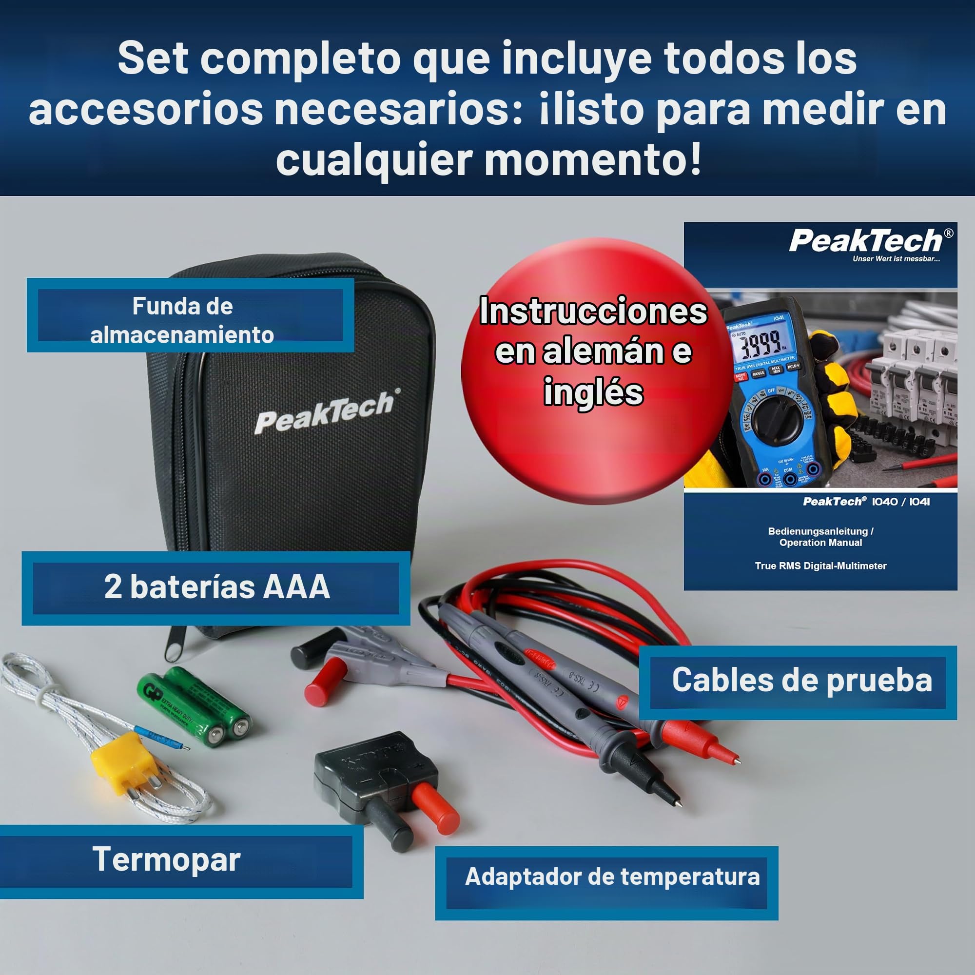 PeakTech P 1041 - Multímetro digital TRMS 4.000 cuentas, rango automático, comprobador de tensión, corriente, resistencia, capacitancia y continuidad, Negro