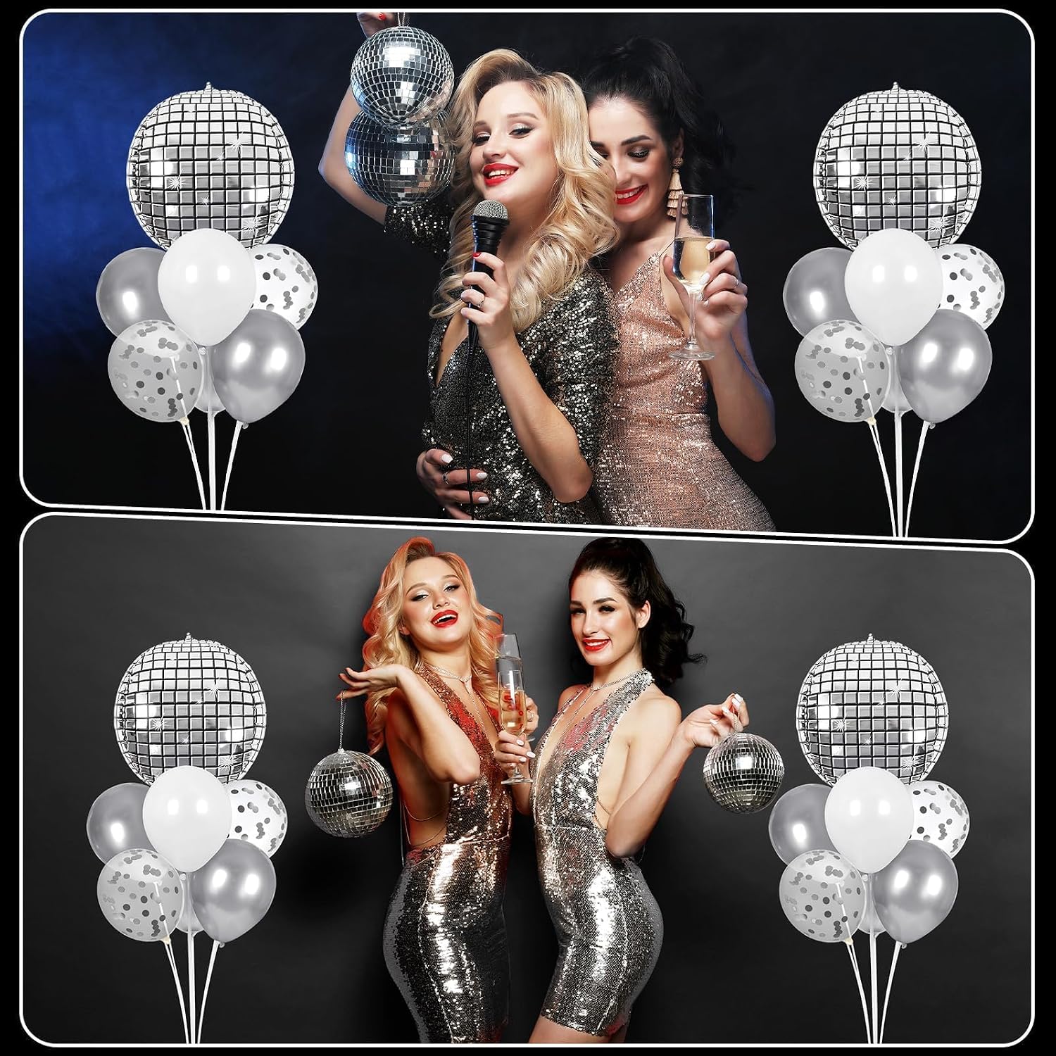 Disco Ball Party Balloons Stand Kit 2 Sets with 2 Silver 4D Discoball Foil Balloon Disco Ball Centerpiece for Tables 70s 80s 90s Dance Themed Birthday Graduation Decorations 2026 Prom Party Supplies