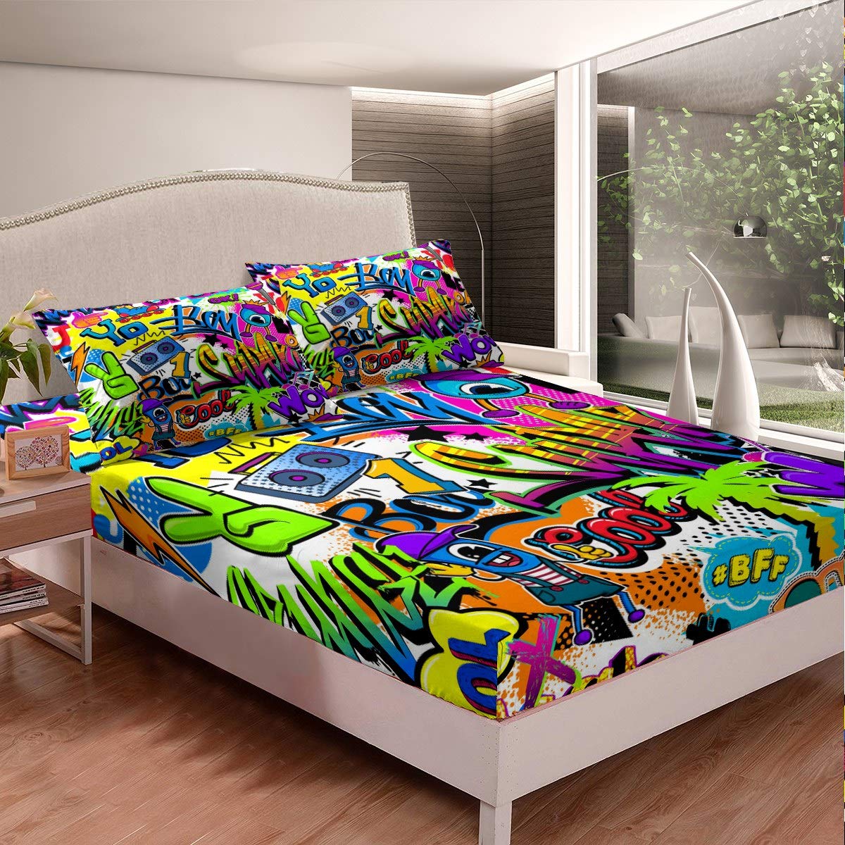 Loussiesd Men's Multi 15 Teens Graffiti Pattern Bed Sheet Set Boys Hippie Graffiti Style Bedding Set Hip Hop Style Fitted Sheet For Kids Child Room Decor Street Culture Theme Bed Cover Single Size With 1 Pillow Case
