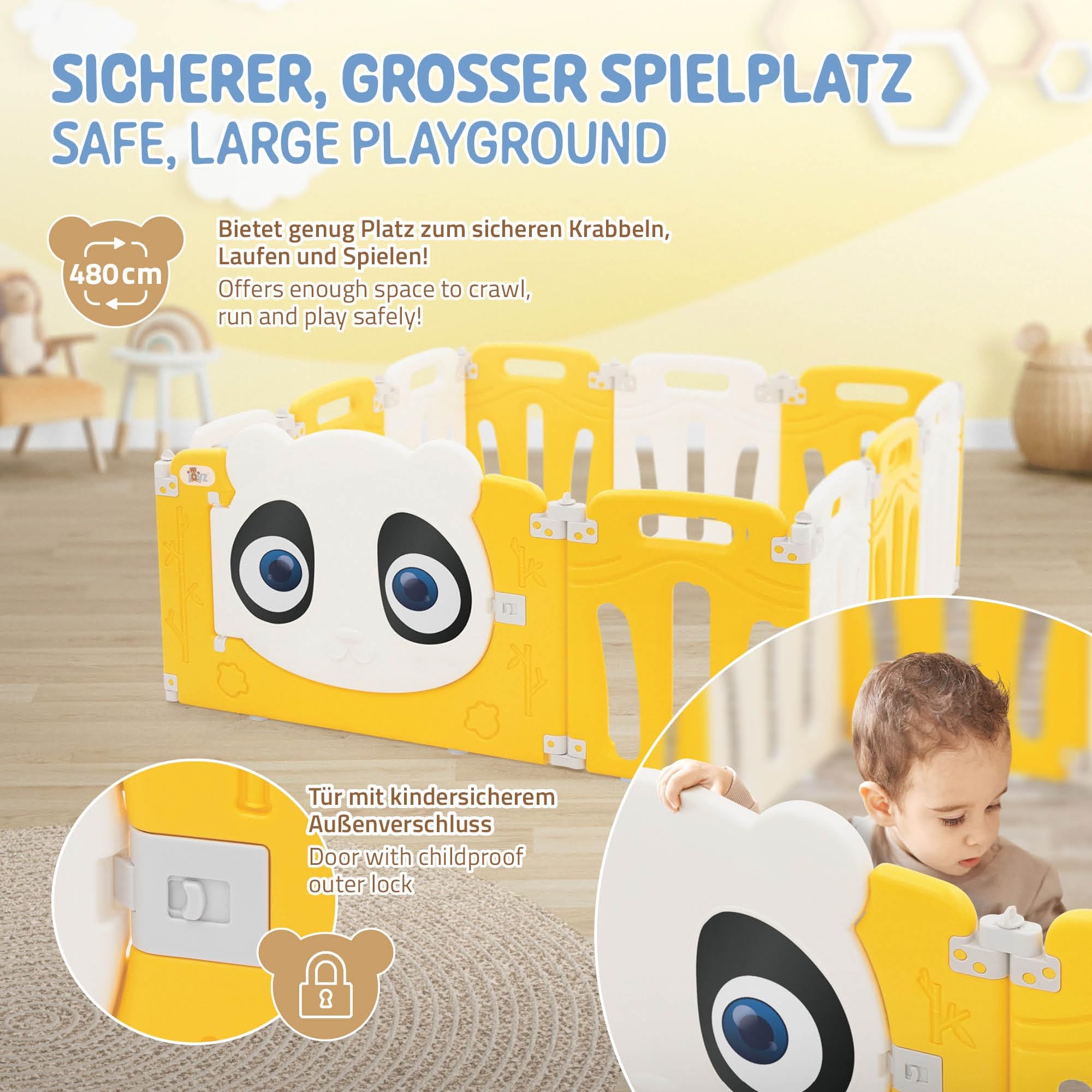 Joyz Box Bambini 120x120 cm Pieghevole Design Panda Bianco/Giallo Cancelletto con Porta e Orologio Didattico Recinto in Plastica per Interni/Esterni Cancelletto per l’Esplorazione dei Neonati