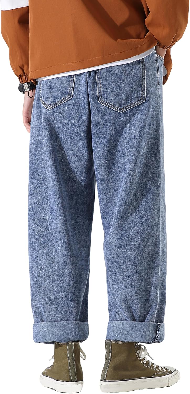 DOSLAVIDA Men's Work Jeans Casual Hip Hop Cargo Solid Color Loose Fit Straight Wide Leg Cotton Denim Pants with Zipper - Image 3