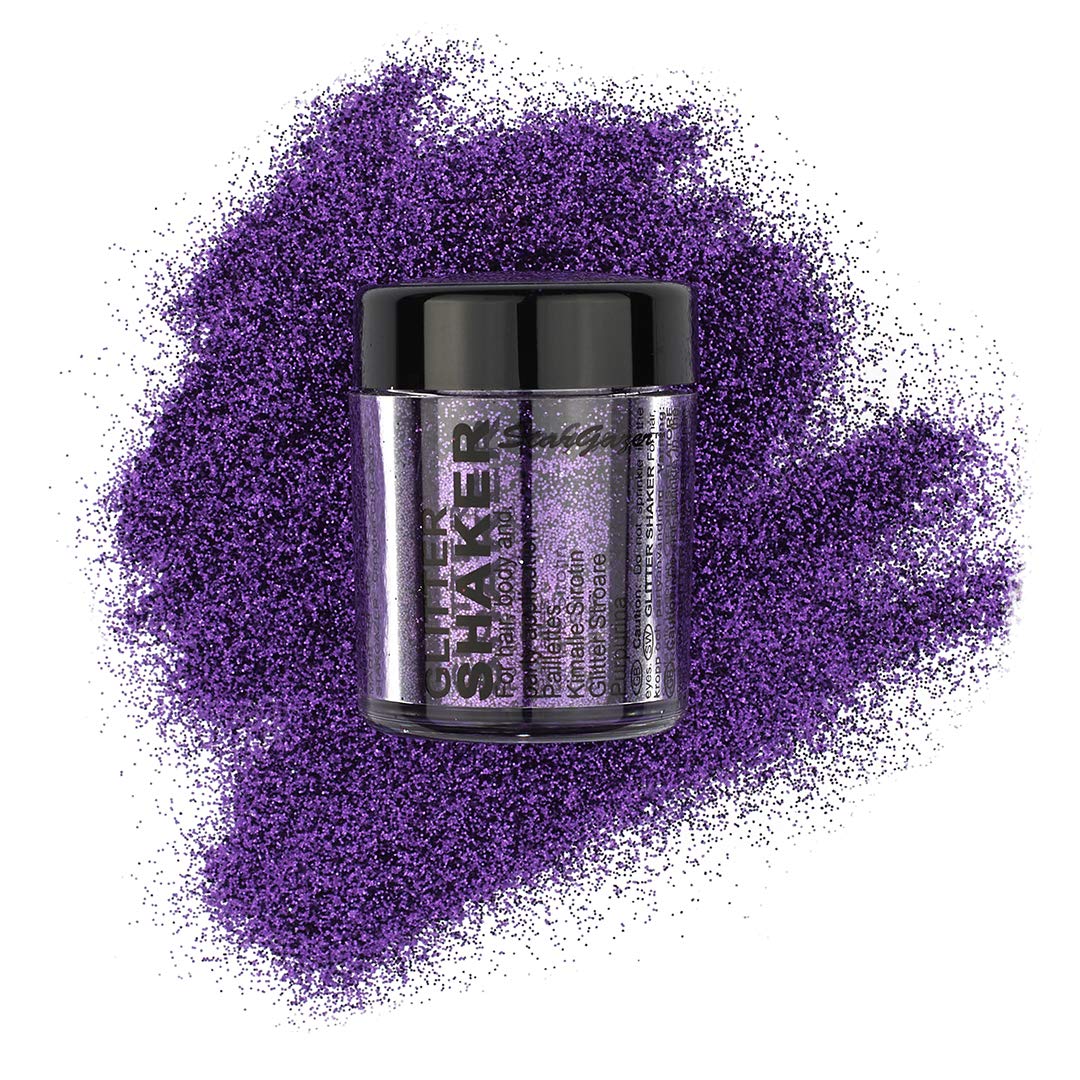 Stargazer Glitter Shaker, Lilac. Cosmetic glitter powder for use on the eyes, lips, face, body, hair and nails.